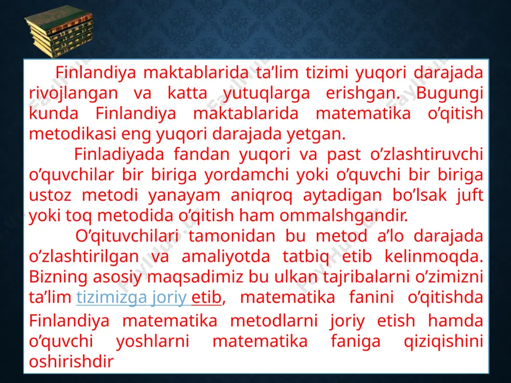 h 1-apreldan boshlanib, kelasi yilning 31-martida nihoyasiga yetadi. maktablar 3 simestrga bo’linadi: -aprel-iyun; -sentyabr-dekabr; -yanvar-mart. 13 germaniya ta’lim tizimi bir necha bosqichni o’z ichiga oladi: elementar ta’lim: maktabgacha muassasalar 3 yil davomida ota-onalar xohishiga ko’ra ixtiyoriydir. 2. ta’limning birinchi bosqichi. boshlang’ich maktab 6 yoshdan qatnay boshlaydi. o’qish muddati 4 yil, berlin va brandenburgda 6 yil. 3. ta’limning ikkinchi bosqichi “yo’nalishli bosqich” unda bolalarni ularning iqtidoriga ko’ra o’quv muassasalarining kerakli turiga yo’naltiradi 4. ta’limning ikkinchi bosqichi kasbiy ta’lim kiradi muassasalarda kasbiy ta’lim “dual tizim” deb ham ataladi ta’lim va ishlab chiqarishda amaliyot 2 yil gimnaziyada 3 yil o’qib, o’quvchilar umumiy shahodatnoma “yetuklik attestati” – abitur oladilar 5. ta’limning uchinchi bosqichi oliy ma’lumot haqida diplom beruvchi oliy o’quv yurtlari va malaka oshirish o’quv muassasalari. 14 . janubiy koreyada talim haqidagi qonun 1948 -yili qabul qilingan. talim tizimiga asos qilib an'anaviy g'arb modeli olingan . 6 yil - quyi maktab, 3 yil -o’rta, …