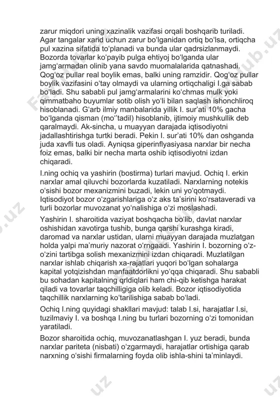 bga solish mexanizmini izdan chiqaradi. muzlatilgan narxlar ishlab chiqarish xa-rajatlari yuqori boʻlgan sohalarga kapital yotqizishdan manfaatdorlikni yoʻqqa chiqaradi. shu sababli bu sohadan kapitalning qrldiqlari ham chi-qib ketishga harakat qiladi va tovarlar taqchilligiga olib keladi. bozor iqtisodiyotida taqchillik narxlarning koʻtarilishiga sabab boʻladi. ochiq i.ning quyidagi shakllari mavjud: talab i.si, harajatlar i.si, tuzilmaviy i. va boshqa i.ning bu turlari bozorning oʻzi tomonidan yaratiladi. bozor sharoitida ochiq, muvozanatlashgan i. yuz beradi, bunda narxlar pariteta (nisbati) oʻzgarmaydi, harajatlar ortishiga qarab narxning oʻsishi firmalarning foyda olib ishla-shini taʼminlaydi. i. pul qadrini tushirib, uning iqtisodiy ahamiyatiga putur yetkazadi, shu bois davlat harajatlarini qisqartirish, soliqlarni oshirish, pul emissiyasini cheklash, monopol narxlarni tartiblash, narx erkinligini taʼminlash, ortiqcha pullarni bankka, qimmatli qogʻozlar bozoriga tortish va boshqalarlardan iborat i.ga qarshi siyosat yuritiladi. i. jahondagi barcha mamlakatlarga xos va xalqaro tus olgan. masalan, i. surʼatlari 1980-yilda aqshda 10,8, yaponiyada 7,1, germaniyada 5,8, fransiyada 13,3, buyuk britaniyada 16,3% ni, 1990-yilda tegishlicha 5,0; …