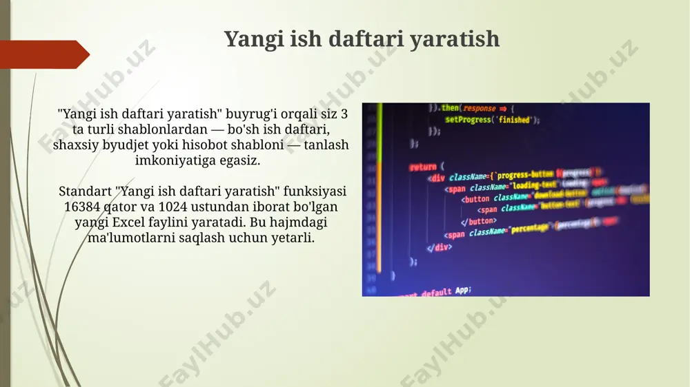 makrolarni boshqarish" menyusi orqali siz 100 tagacha makro yaratishingiz, ularni guruhlarga ajratishingiz (masalan, 5 ta guruhga) va har bir guruh uchun alohida-alohida ishlatish huquqlarini belgilashingiz mumkin. "makrolarni boshqarish" menyusi orqali vba muhitida yozilgan 1500 satrgacha bo'lgan makro kodlarini tahrirlash, yangi kodlar qo'shish va mavjud kodlarni o'zgartirish mumkin. yuborish yuborish funksiyasi faylni 3 ta turli formatda (xlsx, xls, csv) saqlash imkoniyatini beradi va 100 mb dan katta hajmdagi fayllarni ham qo'llab-quvvatlaydi. yuborish jarayonida foydalanuvchi fayl nomini o'zgartirish, unga parol qo'shish va faylning versiya tarixini saqlash kabi qo'shimcha parametrlardan foydalanishi mumkin. faylni boshqa formatda saqlash faylni boshqa formatda saqlash xlsx, xls, csv kabi turli xil formatlarni qo'llab-quvvatlaydi, bu esa ma'lumotlarni turli dasturlar bilan almashish imkonini beradi va fayl hajmini 10% gacha kamaytirish mumkin. ba'zi formatlar, masalan, .txt, faqat matn ma'lumotlarini saqlaydi, bu esa formatlash va formula kabi elementlarning yo'qolishiga olib kelishi mumkin. shuning uchun, fayl formatini tanlashda ehtiyot bo'lish kerak. dastur haqida …