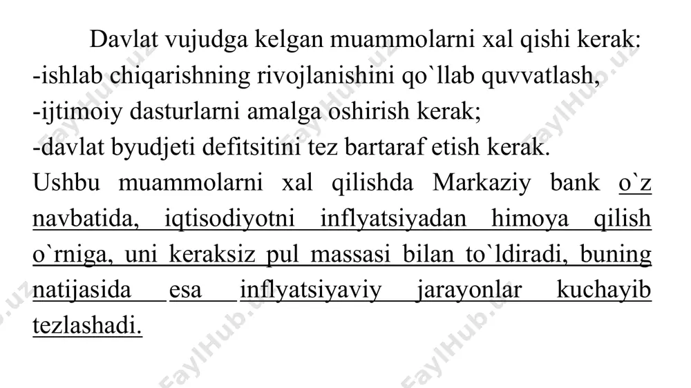 f-xarajatlarini kamaytirishlari mumkin, bu esa narxlarning barqaror bo'lishiga yordam beradi. talab inflyatsiya— bu iqtisodiy jarayon bo'lib, unda narxlarning oshishi talabning taklifdan yuqori bo'lishi sababli yuzaga keladi. boshqacha qilib aytganda, talab inflyatsiyaning oshishi iqtisodda talab ortishi, lekin ishlab chiqarish hajmi va resurslar cheklanganligi sababli narxlarning o'sishiga olib keladi. inflyatsiya talabining sabablari shundan iboratki: -talabning ortishi va iqtisodiyotda mahsulotlar va xizmatlarga bo'lgan talabning yuqoriligi narxlarning oshishiga olib keladi. talabning oshishi ishlab chiqarishni oshirishga yetarli resurslar yetmasligi, yoki iqtisodiyotda umumiy talabning yuqoriligi tufayli bo'lishi mumkin. misol:faraz qilaylik, bir mamlakatda iqtisodiyot o'sib bormoqda va aholi daromadlari ortib bormoqda. bu esa, odamlar ko'proq mahsulotlar va xizmatlarga talab qilishga olib keladi. masalan, aholi ko'proq avtomobillarga talab qila boshlaydi. ammo avtomobil ishlab chiqaruvchilarining resurslari va ishlab chiqarish quvvati cheklangan, shuning uchun ishlab chiqarish miqdori oshmaydi. shu sababli, avtomobilga bo'lgan talab oshsa-da, taklif cheklangan bo'lib, avtomobil narxlari oshadi. bu holat talab inflyatsiyaning oshishi deb ataladi, chunki narxlarning o'sishiga …