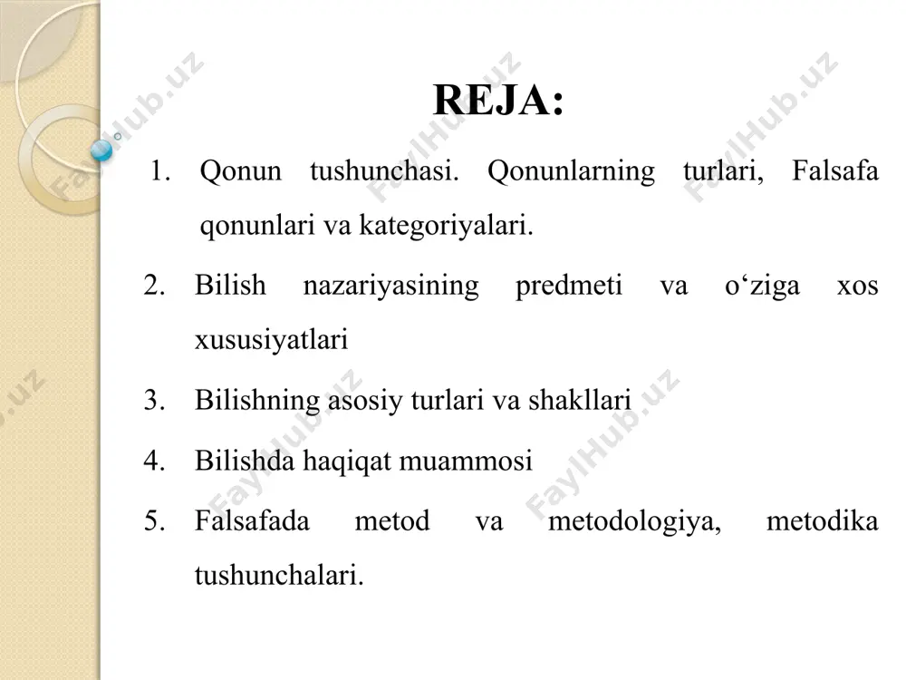 rimiz tajribada sinalganmi? rasionalizm (platon, avgustin) empirizm (f. bekon, j. lokk, t. gobbs, d. yum) insonda tug‘ma g‘oyalar, adolat, insoniylik, uyg‘unlik g‘oyalari va tajribadan olinishi mumkin bo‘lmagan boshqa g‘oyalar mavjudligidan kelib chiqadi. aksincha, inson, insoniyat shaxsiy yoki ijtimoiy tajribaga ega bo‘lgunga qadar biron-bir g‘oya mavjud bo‘lishini inkor etadilar. gnoseologiya inson bilimining chegaralari to‘g‘risidagi masalani yechishni ham o‘z ichiga oladi. optimizm (gnostiklar) – bilish chegaralanmaman. skeptisizm – bilish chegaralanmagan lekin shubhali. agnostisizm – bilish faoliyati chegaralangam. bilish darajalari xissiy bilish, (5 ta bosqich – 1- sezgi, 2- idrok, 3-xotira, 4-tasavvur, 5-hayol) emperik bilish, (2 turi bor. 1-kuzatish, 2-eksperiment) aqliy bilish, (mantiqiy amallar orqali bilish turi) intuitiv bilish (g’ayri tabiiy bilish turi) falsafa kategoriyalari yakkalik, xususiylik va umumiylik. mohiyat va hodisa. mazmun va shakl. butun va qism. sistema, element, struktura. sabab va oqibat. zaruriyat va tasodif imkoniyat va voqelik. haqiqat – bilish nazariyasining bosh kategoriyasi. beruniy fikricha, haqiqat bilimning voqelikka muvofiqligidir. platon …