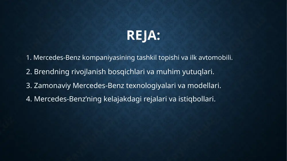 sanoatida inqilobiy yangiliklar bilan ajralib tura boshladi. ularning ilk avtomobillari nafaqat dvigatel texnologiyasi, balki tashqi dizayn va xavfsizlik borasida ham o‘z davridan ancha ilgari bo‘lgan. patent-motorwagen modeli oddiy arava ko‘rinishida bo‘lsa-da, uning dvigateli va yurish tizimi zamonaviy avtomobillar uchun poydevor bo‘lib xizmat qildi. karl benzning turmush o‘rtog‘i bertha benz 1888-yilda ushbu avtomobil bilan tarixiy sayohatni amalga oshirib, avtomobilning ishonchliligini amalda isbotladi. bu voqea nafaqat benz uchun, balki butun avtomobil sanoati uchun muhim burilish nuqtasi bo‘ldi. mercedes-benz keyinchalik dunyodagi eng mashhur va nufuzli avtomobil brendlaridan biriga aylandi. 2. brendning rivojlanish bosqichlari va muhim yutuqlari. mercedes-benz brendi tarix davomida avtomobilsozlik sohasida ko‘plab muhim bosqichlarni bosib o‘tdi. 1930-yillarda kompaniya o‘zining birinchi zamonaviy dizaynli va yuqori tezlikda harakatlana oladigan avtomobillarini ishlab chiqardi. ular nafaqat jozibador ko‘rinishga ega edi, balki texnik jihatdan ham o‘z davri uchun ilg‘or hisoblangan. ikkinchi jahon urushi davrida kompaniya harbiy texnikalar ishlab chiqishga e’tibor qaratdi, urushdan so‘ng esa fuqarolik avtomobillarini qayta …