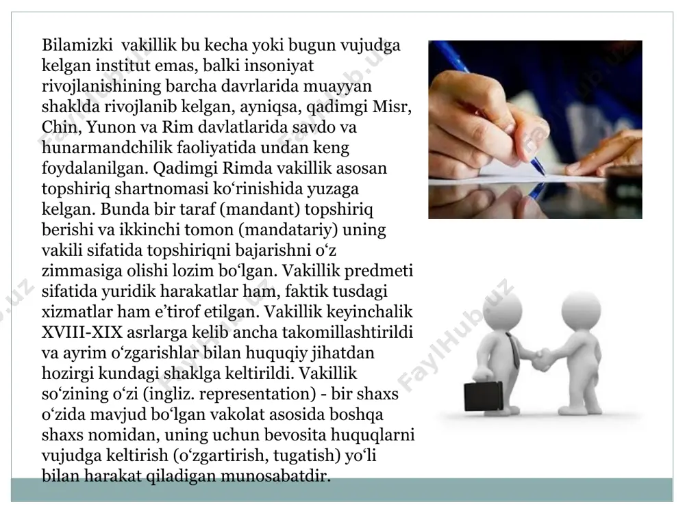 fuqarolik huquq va majburiyatlarini amalga oshirishdagi yuridik yordamning huquqiy asosidir. fkning 129-moddasining mazmunidan kelib chiqsak, vakillikni amalga oshirishda vakilga nisbatan hech qanday yuridik oqibat kelib chiqmaydi, ya’ni unda huquq va majburiyat hamda undan kelib chiqadigan javobgarlik ham bo‘lmaydi. masalan, a. o‘z vakili b. orqali o‘z molmulkini s. ga ijaraga beradigan bo‘lsa, bu munosabatlardan kelib chiqadigan huquq va majburiyatlar a. va s. o‘rtasida bo‘ladi, ijara haqini olish, uni tasarruf etish huquqi yoki mulkdagi kamchiliklarni bartaraf etish majburiyatlari a. ga nisbatan vujudga keladi. bunda vakil b. da bunday huquq va majburiyatlar, undan kelib chiqadigan javobgarlik bo‘lmaydi. vakillikning quyidagicha o‘ziga xos xususiyatlarini ko‘rsatib o‘tishimiz mumkin: vakillik munosabatlarining subyektlari har qanday shaxs bo‘lishi mumkin; vakillikdan kelib chiqadigan munosabatlarda uchdan ortiq taraflar ishtirok etadi; vakillik instituti munosabatlari insoniylik, o‘zaro yordam, fuqarolik munosabatlarda barchaning teng ishtirokini ta’minlash g‘oyalariga asoslanadi; vakillik haq evaziga ham, tekinga ham amalga oshirilishi mumkin; vakillik fuqarolik, oila, xo‘jalik, ma’muriy huquqiy munosabatlarni o‘zida …