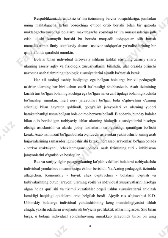 berishdi. ya.a.ning pedagogik tizimida allaqachon. komenskiy - buyuk chex o'qituvchisi - bolalarni o'qitish va tarbiyalashning butun jarayoni ularning yoshi va individual xususiyatlarini hisobga olgan holda qurilishi va tizimli kuzatishlar orqali ushbu xususiyatlarni aniqlash kerakligi haqidagi qoidalarni aniq belgilab berdi. ajoyib rus o'qituvchisi k.d. ushinskiy bolalarga individual yondashishning keng metodologiyasini ishlab chiqdi, yaxshi odatlarni rivojlantirish bo'yicha profilaktik ishlarning asosi. shu bilan birga, u bolaga individual yondashuvning murakkab jarayonida biron bir aniq retseptlar berish mumkin emasligi haqidagi fikrni bildirdi va shu bilan muammoni hal qilishning ijodiy xususiyatini ta'kidladi. muammoning oʻrganilganlik darajasi. maktabgacha yoshdagi bolalarni maktab ta’limiga tayyorlash muammolani ijtimoiy –siyosiy ahamiyatga egadir. shu bois, pedagogika nazariyasi va amaliyotida bu yoʻnalishda bir qancha tadqiqot ishlari olib borilgan. chunonchi oila sharoitida bolalarni maktab ta’limiga tayyorlash muammosi har doim dolzarb boʻlib qolmoqda. maktabgacha yoshdagi bolani maktabga tayyorlash muammolari – g.yusupova, m.sh.rasulova, g.jalolova, n.u.bikboyeva, t.charova, k.m.mahkamjonov, chet el olimlaridan ye.t.nedonikina, a.v.nikolsnaya, x.klinton, l.a.venlerlarning tadqiqotlarida tatqiqi etilgan. …