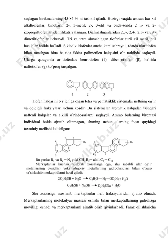 va vodorod sulfid hosil bo`ladi: bu misoldan ko`rinib turibdiki, sulfidlar termik jihatdan barqarorroqdir, 4000c gacha qizdirilganda dialkilsulfidlar parchalanib vodorod sulfid va tegishli alkenlarni hosil qiladi: halqali va aromatik sulfidlar termik jihatdan barqarorroqdir. 400–450 0c gacha qizdirilganda ular parchalanadi. bunday sulfidlar alyumosilikatlar katalitik kreking katalizatorlari ishtirokida qizdirilsa, ular parchalanib vodorod sulfid, merkaptanlar va tegishli uglevodorodlarni hosil qiladi: tiofenlar kimyoviy jihatdan uncha faol emas va termik jihatdan barqaror, bu holni ehtimol, pirolizli smolalarda va hatto neft koksida oltingugurtning borligi bilan tushuntirsa bo`lar. merkaptanlar va sulfidlar oddiy sharoitda oksidlanadi. oksidlanishda sharoitida merkaptanlarda disulfidlar hosil bo`ladi: quyi merkaptanlardan tashqari neftning barcha oltingugurt saqlagan birikmalari kimyoviy neytral va xossalari jihatidan neft arenlariga juda yaqindir. labaratoriya va sanoatda mavjud bo`lgan ajratish usullari: sulfolash, adsorbsion xromatografiya, ekstraksiya, kompleks hosil qilish yordamida ajratish, reftifikatsiyalash va boshqalar samaradorligi past va sanoatda qo`llash uchun yaramaydi. shuning uchun neft fraksiyalaridan oltingugurtli birikmalarni yo`qotish uchun gidrogenlash qo`llaniladi. shunday qilib, neftning barcha oltingugurt …
