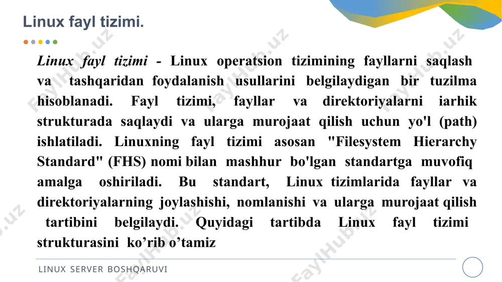 sh huquqi. barcha dasturlarni bajarish va o'rnatish huquqi. tizim sozlamalarini o'zgartirish huquqi. boshqa foydalanuvchilar va guruhlar yaratish va ularga o'zgartirishlar kiritish huquqi. tizim xizmatlarini boshqarish huquqi. root foydalanuvchisining huquqlari juda katta ekanligi sababli, uning hisobidan juda ehtiyotkorlik bilan foydalanish kerak. root hisobidan foydalanish tavsiya etilmaydi, chunki xato amalga oshirish tizimga zarar yetkazishi mumkin. boshqa foydalanuvchilar, root hisobidan foydalanish uchun sudo komandasidan foydalanishi mumkin. sudo komandasi, boshqa foydalanuvchilarga biror amalni root huquqi bilan bajarish imkonini beradi, ammo bu amalni amalga oshirishdan oldin parolni talab qiladi. bu usul tizimni xavfsizligini saqlashga yordam beradi, chunki faqatgina kerakli amallar uchun root huquqiga ega bo'lgan foydalanuvchi parolini kiritishi kerak. /etc/ linux server boshqaruvi etc - katalogi linuxda ma'lumotlar tizimining konfiguratsiya fayllarini o'z ichiga oladi. "etc" qisqartmasi "et cetera" deb o'qiladi, ya'ni "va boshqalar" degan ma'noni anglatadi. /etc katalogi, sistem va dasturlar uchun konfiguratsiya ma'lumotlarini saqlash uchun ishlatiladi. bu katalogda, tizim sozlamalari, hostlar fayli, parol fayllari, …