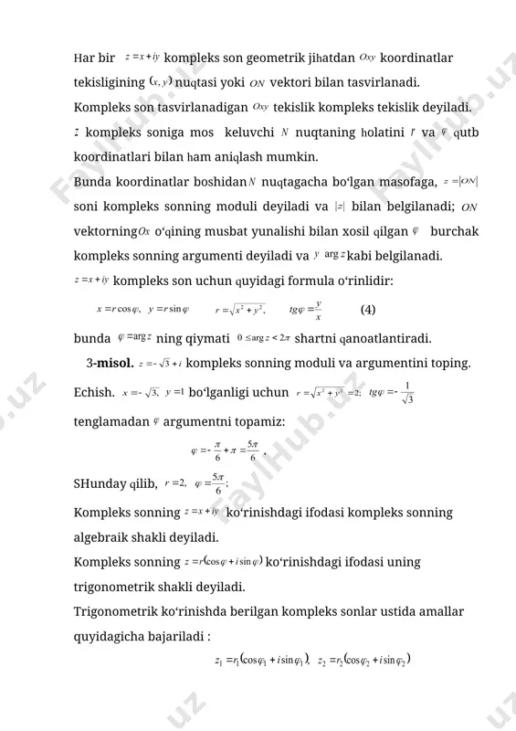 nglamaning xech bo‘lmasa bitta ildizini topish mumkin? butun koeffitsientli tenglamalar xolida ratsional, xususan butun ildizlarni, albatta ular mavjud bo‘lsa, topish mumkin. butun koeffitsientli algebraik tenglamaning ratsional ildizlarini topish usuli ushbu teorema bilan beriladi: t e o r e m a. qisqarmas kasr butun koeffitsientli (11) tenglamaning ildizi bo‘lsin. u xolda soni ozod xadning bo‘luvchisi, esa bosh koeffitsientning bo‘luvchisi bo‘ladi. isboti. qisqarmas kasrni (11) tenglamaga qo‘yib va maxrajdan qutqazib, ushbu tenglikni olamiz: (12) (12) tenglikni ikki usul bilan qaytadan yozamiz: ; (13) . (14) (13) tenglikdan oydinki ko‘paytma ga bo‘linadi va bilan o‘zaro tub bo‘lgani uchun soni ga bo‘linadi. shu kabi (14) tenglikka ko‘ra soni ga bo‘linadi. teorema isbotlandi. isbotlangan teoremadan quyidagi natijalar kelib chiqadi. 1- natija. butun koeffitsientli tenglamaning istalgan butun ildizi ozod xadining bo‘luvchisidan iborat. 2- natija. butun koeffitsientli tenglamaning bosh koeffitsienti 1 ga teng bo‘lsa, u xolda tenglamaning barcha ratsional ildizlari, ular mavjud bo‘lsa, butun son bo‘ladi. 6-misol. …