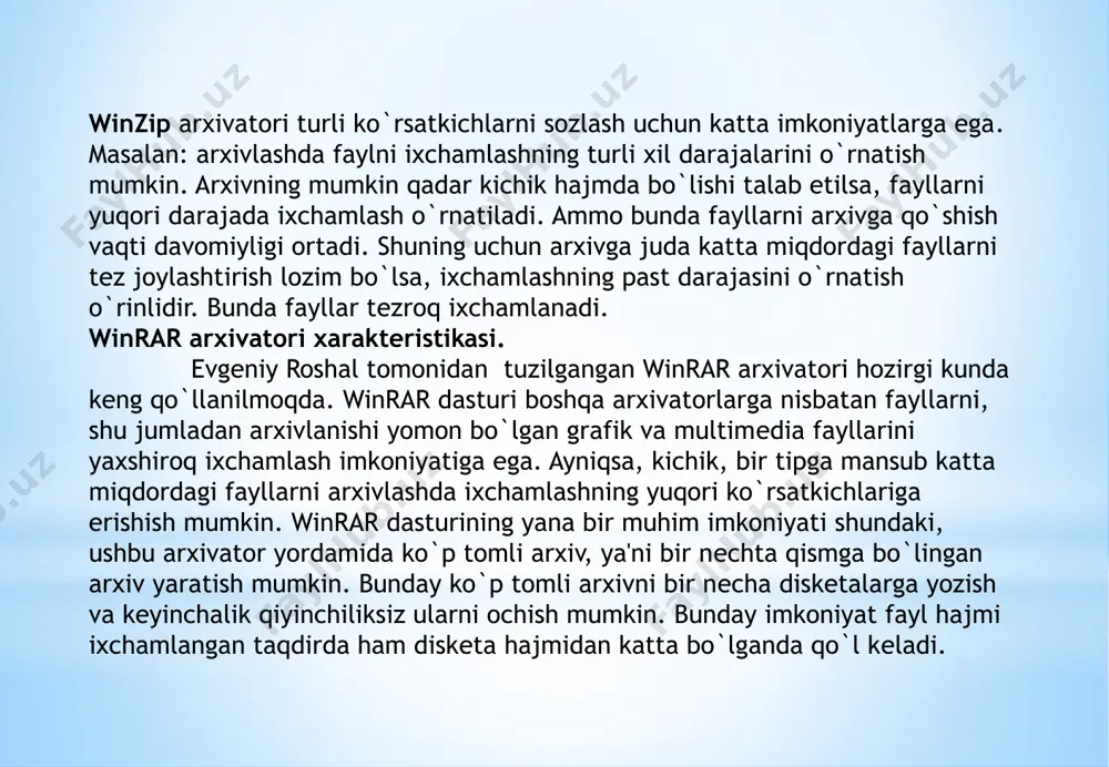 winzip papkalarini tanlang sichqonchaning o`ng tugmasini papkaning ixtiyoriy joyida (fayllar nomi yozilgan ustundan tashqari) bosing. fayllar bilan ishlash uchun kontеkst mеnyu namoyon bo`ladi. создать- winzip file buyru/i tanlanganda «проводник» ishchi oynasida yangi fayl – arxiv hosil bo`ladi. winzip file.zip nomini readmi.1.zip ga o`zgartiring va “enter” tugmasini bosing. arxivdan faylni o’chirish uchun quyidagi oynada delete tugmasidan foydalaniladi. arxivator- dasturlaridan foydalanish internet tarmog’ining foydalangan holda ham talab etilishi mumkin. ayrim fayllarni tarmoq orqali uzatish vaqtini qisqartirish maqsadida, ular internetga arxiv shaklida joylashtiriladi. ko’p hollarda bular dasturlar fayllari, hamda word matn muxarriri va ms excel elektron jadval redaktori formatidagi xujjat faylidir. amalda juda ko’p turli tipdagi arxivlar va undan ortiqroq ular bilan ishlaydigan arxivator-dasturlar mavjud. ko’p hollarda .zip, .arj formatodagi arxivlar, oxirgi paytlarda esa .rar formatidagi arxivlardan foydalanilmoqda. winrar ning ba`zi bir axamiyatli xususiyatlari quyidagilardan iborat: 1.rar va zip2.0 arxivini to`liq qo`llab quvvatlaydi; 2. berilganlarni siqishda yuqori effektga ega ekanligi ; 3. buyruqlar …