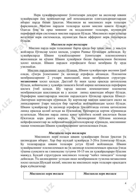 дан ажратади. уларнинг цитоплазмасида лизосомалар ва фибриллалар бўлиб, оқсиллари филаментларидан фарқ қилади, ўсимталарнинг тузилишига қараб 2 хил астроцитлар фарқланади. 1) фибрилляр астроцитлар 2) плазматик астроцитлар фибриляр астроцитлар-узун кам шохланувчи ўсимталардир. бу астроцитлар оқ моддада жойлашган. плазматик астроцитлар-калта ва кўп сонли шохланувчи ўсимталарга эгадир. бундай астроцитлар қадоқсимон моддада кўпдир. асосий вазифаси-таянч ва чегараловчи. эпендимоцитлар - орқа мия канали ва мия қоринчасини қоплайди. тузилиши: танаси чўзилган бўлиб, бўшлиққа қаралган юзасида киприклар, базал қисмида узун шохланувчи ўсимталар ва цитоплазмада йирик митохондрия, киритмалар ва пигментлар бор. секретор фаолияти: мия бўшлиғига фаол биологик актив моддалар ажратади. танницитлар: эпендима ҳужайраларнинг бир тури бўлиб, деярли киприклари бўлмайди. уларнинг ўсимталари мияга йўналган бўлиб, қон томирларда тугайди. онтогенезда бу ҳужайралар нейробластлар томон йўналган бўлади. микроглия: моноцитар келиб чиқишга эга бўлган майда ҳужайралар бўлиб, улар оқ ва кулранг моддада жойлашган. бу ҳужайралар узун шохланувчи ўсимталарга эга, кам сонли донадор эпт ва кўп сонли лизосомга эга. улар бўлинмайди. бу ҳужайралар харакатланувчи …