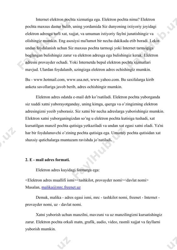 tur. belgisida sichqoncha tugmachasini 2 marta chertasiz va ekranda quyidagi darcha hosil bo’ladi darchaning yuqori qismida menyu komandalari keltiriladi. keyingi satrda asboblar paneli tugmachalari joylashgan. elektron pochta bilan ishlashda asboblar paneli tugmachalaridan foydalanish juda qulay. shuning uchun quyida asosiy tugmachalarning tafsifini keltiramiz. xatni yozib yuboradi. xat muallifiga javob yozib yuboradi. xatni boshqa manzilga yuboradi. xatni ko’rsatilgan manzilga eltadi xatni o’chiradi. darcha pastki qismi bir necha darchadan tashkil etadi. chapki darchada quyidagi jildlar ro’yxati mavjud. bu jildlar tafsifi quyidagicha. bu jildda siz yozgan xatlar joylashadi. bu jildda jo’natilgan xatlar ro’yxati private "type=pict;alt="keltiriladi. o’chirilgan fayllar saqlanadigan savat private "type=pict;alt=". jildga mos xatlar ro’yxati ungdagi darchada beriladi. pastdagi darchada esa, joriy xat mazmuni ko’rsatiladi. 4. xat yozish va junatish tartibi do’stingizga xat yozish uchun создат сообщение tugmachada sichqonchani cherting. natijada ekranda quyidagi darcha рosil bo’ladi. кому maydonida do’stingiz elektron adresi yoziladi. masalan, saida@hotmail.com. копия maydonida xat nusxalari yuborilgan mualliflar adreslari keltiriladi. тема maydonida …