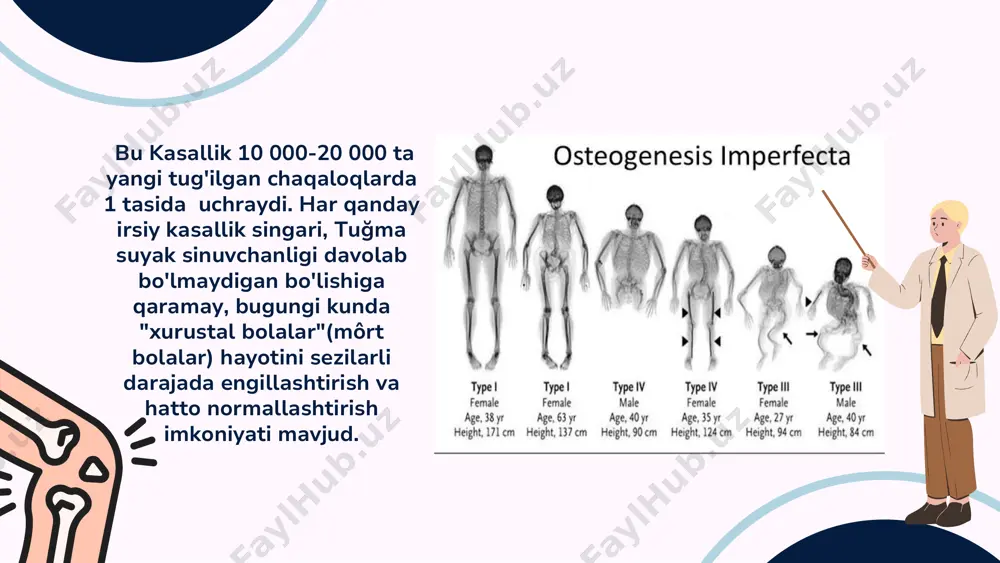 toshlari , kindik va inguinal churralar , burundan qon ketish va boshqalar bo'lishi mumkin. bolalarning aqliy va jinsiy rivojlanishiga ta'sir qilmaydi. simptomlari simptomlari b: moviy sklera d: tish nuqsonlari (klassik ravishda rangsiz va zaif tishlar bilan dentinogenez nomukammalligi sifatida tanilgan ) s : sensorineural eshitish qobiliyatini yo'qotish m: bir nechta sinish prenatal diagnostika homiladorlikning 16-haftasidan boshlab akusherlik ultratovush yordamida homilada kasallikni og'ir shakllarini aniqlash imkonini beradi . ba'zida taxminlarni tasdiqlash uchun chorion villus namunasi va dnk diagnostikasi amalga oshiriladi. odatdagi hollarda tashxislash klinik, anamnestik va rentgenologik ma'lumotlar asosida amalga oshiriladi. odatda naychali suyaklarning rentgenogrammalarida qo'pol morfologik va funktsional o'zgarishlar aniqlanadi : og'ir osteoporoz, kortikal qatlamning yupqalashishi, suyak kalluslari shakllanishi bilan ko'plab patologik yoriqlar va boshqalar. tashxisning ishonchliligi yonbosh suyagining ponksiyonu paytida olingan suyak to'qimalarining histomorfometrik tekshiruvi va teri biopsiyasida 1-toifa kollagen tuzilishi bilan tasdiqlanadi . osteogenez imperfektasiga xos bo'lgan mutatsiyalarni aniqlash uchun molekulyar genetik tahlil o'tkaziladi. differentsial diagnostikasi doirasida raxit, …