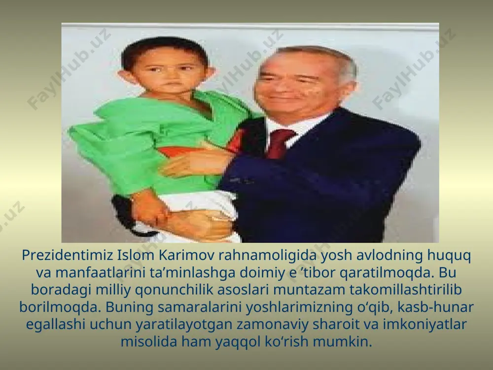 ligining oldini olish, ta’lim-tarbiyasiga oid qonunlar ijrosini ta’minlash hamda bolalar va o’smirlar bo’sh vaqtini to’g’ri tashkil etish masalalariga e’tibor yanada kuchaytirildi. bunda o‘zbekiston respublikasining 2010 yil 29 sentabrda qabul qilingan “voyaga yetmaganlar o‘rtasida nazoratsizlik va huquqbuzarliklarning profilaktikasi to‘g‘risida”gi qonun muhim ahamiyat kasb etayotir. notinch oilalardagi va tarbiyasi og‘ir bolalarni turar joyi bo‘yicha aniqlash, ular o‘rtasida tarbiyaviy ishlarni tashkil etish, bolalarning bo‘sh vaqtini mazmunli o‘tkazish va bandligini ta’minlash borasidagi ishlarga alohida e’tibor qaratilayotgani natijasida voyaga yetmaganlar o‘rtasida jinoyatchilik sezilarli darajada kamaydi. bir so‘z bilan aytganda, bu mamlakatimizda har bir o‘g‘il-qizning to‘kis yashashi, ta’lim-tarbiya olishi, kasb-hunar egallashi uchun zarur sharoitlar yaratilishi bilan bir qatorda, ulardan amalda to‘g‘ri foydalanishni ta’minlash ham doimiy e’tiborda ekanidan dalolatdir. e’tiboringiz uchun raxmat!