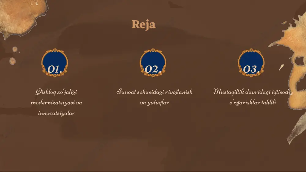 tizimlari. - ekologik toza ishlab chiqarish. - resurslarni barqaror boshqarish. modernizatsiya jarayonini rivojlantirish uchun zarur strategiyalar: - zamonaviy texnologiyalarni joriy etish. - tadbirkorlikni qoʻllab-quvvatlash. - ta'limni kuchaytirish. oʻzbekistonning qishloq xoʻjaligidagi kelajak istiqbollari: - eksport imkoniyatlarini kengaytirish. - qishloq aholisining farovonligini oshirish. photo by europeana on unsplash photo by the new york public library on unsplash sanoat sohasidagi o'sish ko'rsatkichlari photo by sigmund on unsplash qishloq xo'jaligi va sanoat integratsiyasi qishloq xo'jaligi va sanoat o'rtasidagi aloqalar zamonaviy iqtisodiyotda muhim ahamiyatga ega. ushbu integratsiya resurslar va texnologiyalar almashinuvi orqali ikki sohaning barqaror rivojlanishini ta'minlaydi. masalan, qishloq xo'jaligi mahsulotlarining sanoatga integratsiyasi yangi ishlab chiqarish jarayonlarini yaratadi va iqtisodiy o'sishni ta'minlaydi. misollar: - qishloq xo'jaligi texnologiyalari va innovatsiyalarning sanoatda qo'llanilishi. - agropiznes va sanoat o'rtasida o'zaro hamkorlik dasturlari. - sanoat ishlab chiqarishida qishloq xo'jaligi mahsulotlaridan foydalanish. swot tahlili: kuchli tomonlar: - resurslar va xom ashyo mavjudligi. - yangi texnologiyalarni joriy etish imkoniyatlari. zaif tomonlar: …