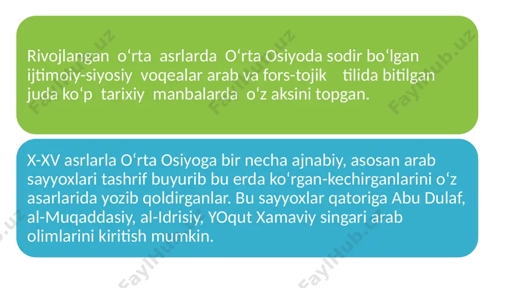 asarini yozib qoldirdi. asar muqaddima va 108 bobdan iborat. asarning i-iv boblarida mug‘ullar davlatining tarixi bayon etiladi. v-xxii boblar xorazmshox alouddin muxammadning xayoti va faoliyatiga bag‘ishlangan. x asrdan boshlab fors-tojik tilida xam ilmiy tarixiy asarlar yozila boshlandi. bora-bora arab tili ilm soxasida siqib chiqarildi. xv asrga kelib movarounnaxr tarixiga bag‘ishlangan asarlar asosan davlat tili vazifasini bajargan fors-tojik tilila yoziladigan bo‘ldi. oldingi davrlarda arab tilida yozilgan qator tarixiy asarlar xam fors tiliga tarjima qilinar edi. arabchadan fors tiliga o‘girilgan dastlabki tarixiy asar narshaxiyning "buxoro tarixi" nomli kitobi edi. . bu asar 944 yilda yozilib, 1128 yilda ibn nasr axmad al-kuboviy tomonidan fors tiliga tarjima qilingan. u «arab tilidagi nusxada so‘zlangan keraksiz va o‘qiganda kishi tabiatida malollik orttiradigan narsalarni» qisqartirib yuborgan. undan yarim asr o‘tgandan keyin asar yana qaytadan taxrirga uchragan. 1178-1179 yillarda muxammad ibn zufar ibn umar fors tilidagi tarjimani ikkinchi marotaba qisqartirib bayon etgan. asarning bizning zamonamizgacha etib kelgan barcha …