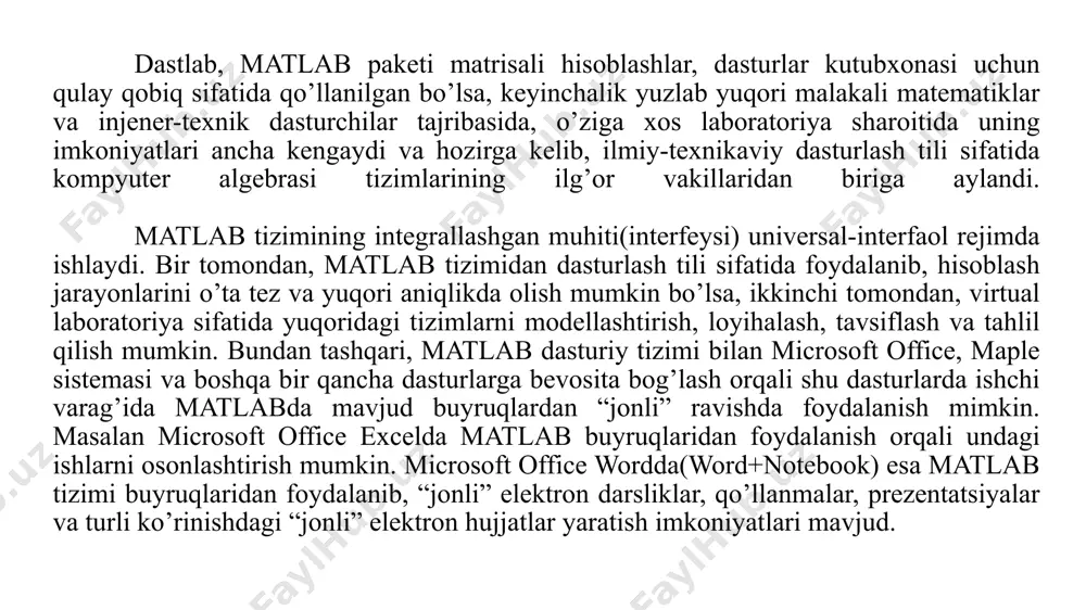 sh tili alifbosi va oddiy arifmеtik amallar. matlab dasturlash tilida boshqa dasturlash tillari kabi lotin alifbosining a dan z gacha barcha katta va kichik harflari, 0 dan 9 gacha arab raqamlaridan foydalaniladi. katta va kichik harflar, xuddi c++ dasturlash tilidagidek, ham o’zgaruvchi sifatida, ham ozgarmas sifatida bir-biridan farq qiladi. lotin alifbosi harflaridan tashqari, klaviaturadagi barcha maxsus belgilardan foydalaniladi. buyruqlar enter tugmasini bosish (bir marta) orqali amalga oshiriladi. o'zgaruvchi nomi nechta va qanaqa belgi yoki belgilardan iborat bo'lishidan qat'iy nazar, lotin harflaridan boshlanib, 63 ta belgidan oshmasligi shart. katta va kichik harflar bir-biridan farq qiladi. agar buyruq o'zgaruvchi nomi yozilmay bajarilsa, buyruq natijasi maxsus ans(inglizcha answer-javob) o'zgaruvchisi orqali beriladi. ishchi sohadagi o’zgaruvchilar haqidagi ma’lumotlarni who yoki whos buyruqlari orqali ko’rish mumkin. matlab da barcha ma’lumotlar matritsa yoki massiv ko’rinishida(“matlab” so’zi inglizcha “matrix laboratory”, yani “matritsali laboratoriya” so’zlarining qisqartirilgan ifodasidir) tasvirlanadi. hattoki, skalyar o’zgaruvchilarni umumiy holda 1x1 o’lchovli massiv(matritsa) deb qarash qabul …