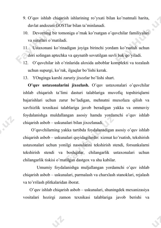 g qaysi yo’l va usullarini, qanday texnologik operasiyalarni o’rgatish lozimligi ko’rsatilgan. usta tayyorgarlikni yangi o’quv yili boshlanmasdan oldin boshlaydi. tabiiyki tayyorgarlikni mazmuni tajribali va endigina o’qituvchilik kila boshlagan o’qituvchilar uchun turlicha bo’ladi. ammo ishning bu qiluvchi tajribasidan qat’iy nazar har bir usta uchun majburiydir. ustaning mashғulotlarga tayyorgarlik kurishi quyidagi bosqichlani o’z ichiga oladi: 1. o’quv yiliga (yarim yillikka) tayyorgarlik. 2. o’quv dasto’rini navbatdagi mavzusini o’rganishga tayyorgarlik. 3. navbatdagi mashғulotlarga tayyorgarlik. o’quv ustasi o’quv yiliga (yarim yillikka) tayyorlanayotganda mutaxasislik tavsifnomasini ishlab chiqarish ta’limi o’quv rejalari va dasturlarini, mahsus texnologiyani yoki muayyan mo’taxasislikka doir ishlab chiqarish asoslari texnologiyasini o’rganadi, boshqa fanlar (umumiy ta’lim, materialshunoslik, materiallar texnologiyasi, chizmachilik, elektrotexnika va boshqalar) dasturlari bilan tanishib chiqadi. kxkning tajribali ustalari butun bir yilga munjallab umumiy ta’lim rejasini to’zadilar. bu rejada quyidagilar nazarda tutiladi: ya’ni texnikaga doir adabiyotlarni, qo’llanmalarni, ixtisosga oid ilғor tajribani yorituvchi axborot varakalarini o’rganish, yangi darsliklar, metodik qo’llanmalar bilan o’quvchilarga ta’lim va tarbiya …