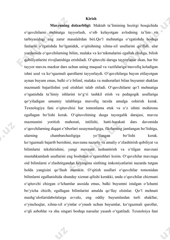 tlai keng. ayniqsa, bоlаlаrni аqliy va axloqiy, estetik va jismoniy jihatdan o‘stirishdа qo‘l mеhnаti ta’limining rоli ko‘p qirrаlidir. kurs ishining maqsadi. o‘quvchilarga ip va gazlama mavzusini o‘qitish metodikasiga oid ilmiy ma’lumotlarni chuqur tahlil qilish, uning xususiyatlarini tushuntirish, tahlilida hayot bilan naqadar chambarchas aloqasini bayon etish. kurs ishining obyekti. o‘quvchilarga ip va gazlama mavzusini o‘qitish metodikasi kurs ishining vazifalari. gazlama bilan ishlash darslarini tashkil etish metodikasi. gazlamalarga ishlov berish texnologiyasiga doir dars materiallarini pedagogik-psixologik va uslubiy xususiyatlari. o’quvchilarga ip gazlamalarga ishlov beruvchi asbob iuskunalar bilan tanishtirish ko’nikmalar hosil qilish. kurs ishining nazariy va amaliy ahamiyati. kurs ishida bayon etilgan ilmiy-nazariy xulosalardan oliy o‘quv yurtlarining talabalari, o‘rta maxsus ta’lim tizimi uchun maxsuskurslar va seminarlarda foydalanish mumkin. kurs ishi tuzilishi: bajarilgan kurs ishi kirish qismi, ikkita bobdan va qilingan xulosalardan iborat. ishda o’rganilishi e’tiborga olingan ma’lumotlar tushunarli ravishda ifodalash uchun chizma jadvallar va rasmlar berildi.ishga qo’yilgan maqsadga erishishi uchun to’plangan adabiyotlar manbalarning nomlari …