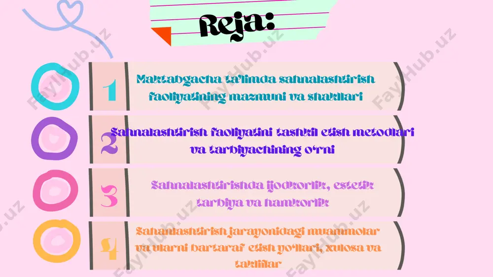 arning yosh va psixologik xususiyatlarini hisobga oladi, rollarni adolatli taqsimlaydi, ijro jarayonida maslahat va yordam beradi. tarbiyachi jamoada ijobiy muhit yaratib, bolalarni nutqiy mashqlar, xotira va emotsional ifoda mashqlari orqali doimiy tayyorlab boradi. sahnalashtirish orqali nutq va muloqot ko‘nikmalarini rivojlantirish shuningdek, bolalar bir-biri bilan muloqot qilishni, o‘z fikrini ochiq aytishni va tinglashni o‘rganadilar. bu jarayon bolaning maktabga tayyorgarlik darajasini oshirishda muhim ahamiyat kasb etadi. sahnalashtirish faoliyati bolalarning nutqini: boyitadi, ifodali qilishga yordam beradi, yangi so‘z va iboralarni o‘zlashtirishga imkon yaratadi. sahnalashtirishda ijodkorlik va estetik tarbiya estetik tarbiya esa musiqa, ranglar, kiyim va sahna bezaklari orqali amalga oshiriladi. bu jarayon bola qalbida san’atga mehr uyg‘otadi. bolalarda ijodkorlikni rivojlantirish uchun sahnalashtirish: yangi yechimlarni topish,tasavvur va fantaziyani ishga solish,sahnani o‘ziga xos uslubda ifodalash imkonini beradi. hamkorlik, amaliyot va muammolar sahnalashtirish faoliyati samarali bo‘lishi uchun ota-onalar ham jarayonga jalb qilinadi: ular bolalarga kiyim tayyorlashda yordam beradi, uyda mashqlarni qo‘llab-quvvatlaydi va spektakllarda tomoshabin sifatida ishtirok …