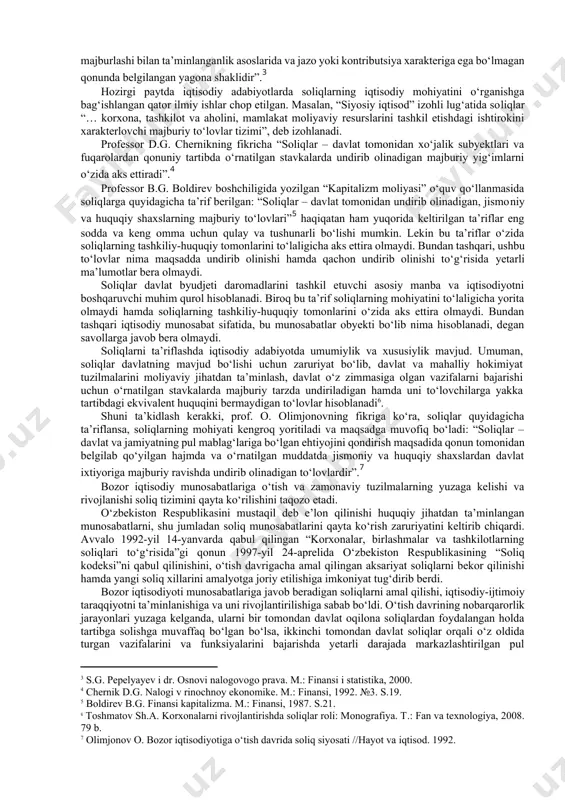 chi tomondan ularni to‘lovchilari, ya’ni huquqiy va jismoniy shaxslar o‘rtasidagi yuzaga keladigan majburiy to‘lovlar, shuningdek, soliqlar funksiyalari bilan bog‘liqdir. shuning uchun ham soliqlar mohiyatini soliq to‘lovlari bilan bog‘liq munosabatlar va soliq funksiyalari orqali ifodalab borish zarur. soliqlar obyektiv taqsimlash munosabatlari orqali kengaytirilgan ishlab chiqarishning hamma bosqichlarida ishtirok etadi va ishlab chiqarish munosabatlarida o‘z aksini topadi. soliqlarning jamiyat iqtisodiy bazasini ifodalashi tufayli ishlab chiqarishni qiziqtirishda, tovar ishlab chiqarish orqali iste’molni tartibga solishda va markazlashtirilgan pul jamg‘armalarini yuzaga keltirishda, ijtimoiy himoya va boshqa ijtimoiy zaruriy maqsadlar yo‘lida ulardan keng foydalanib kelinmoqda. yuqoridagidan kelib chiqqan holda shuni ham ta’kidlab o‘tish joizki, amaliy jihatdan soliqlarning qonuniy harakatlari orqali ularning mohiyatini ifodalash mumkin: · birinchidan, soliq to‘lovchi pulning u yoki bu summasini davlatga to‘lar ekan, buning evaziga tovar yoki xizmat olmaydi. soliq miqdori bilan u iste’mol qilgan ijtimoiy ne’mat o‘rtasida bog‘liqlik yuzaga kelmaydi. shu xususiyatga ko‘ra soliq to‘lovchi ko‘rsatgan foydasini yoki manfaatini to‘lagan soliqlar bilan …