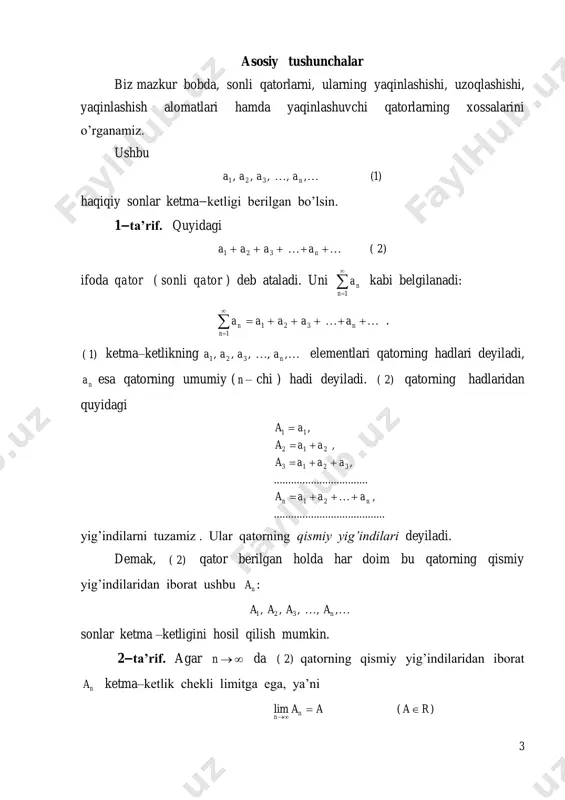 i ko’rsatilsin. bu qatorning qismiy yig’indisini yozamiz: n a n n 1 )1( 4 1 3 1 2 1 1 1   . ma’lumki, )()1( 432 )1ln( 432 xr n xxxx xx n n n   bunda 10  x uchun 1 1 )(   n xrn tengsizlik o’rinli . yuqoridagi formulada 1x deb topamiz: )1(2ln nn ra  , natijada ushbu 1 1 )1(2ln   n ra nn 7 tengsizlikka kelamiz. undan 2lnlim   n n a kelib chiqadi. demak, )4( qator yaqinlashuvchi va uning yig’indisi 2ln ga teng. aytaylik   1n na   naaaa 321 qator berilgan bo’lsin. bu qatorning dastlabki m ta hadini tashlash natija-sida hosil bo’lgan ushbu )5( 1 21      mn nmm aaa  qator   1n na qatorning ( m— chi hadidan keyingi ) qoldig’i deyiladi. 2. yaqinlashuvchi qatorlar. koshi teoremasi 1 …