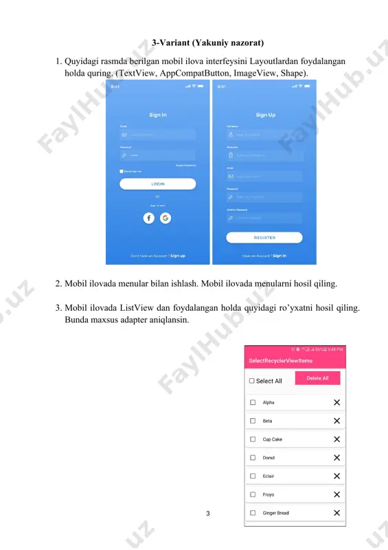 qlovchi mobil ilova yarating. “keyingi” nomli tugma bosilganda berilgan matematik ifoda va uning javob variantlarini tasodifiy o’zgartirsin. javob to’g’ri topilganda ham matematik ifoda va uning javob variantlari tasodifiy o’zgartirilsin. agar javob xato bo’lgan holda toast ga “natija xato” degan xabar chiqarilsin. 3. mobil ilovada dialoglar bilan ishlash. alertdialog sinfi yordamida oddiy, ro’yxatli, bitta tanlanadigan (radiobutton), ko’p tanlanadigan (checkbox) dialoglarni hosil qiling. datepicerdialog hamda timepickerdialog dialoglarni hosil qiling. qayta ishlash hodisasini o’rnating. 10-variant (yakuniy nazorat) 1. berilgan android ilovadagi spinner ga tegishli ma’lumotlarni adapter orqali chiqaring. birinchi spinnerview da mamlakatlar ro’yhati, ikkinchi spinnerviewda esa tanlangan mamlakatga tegishli shaharlar chiqarilsin. “reset” tugmasi bosilganda barcha maydon ma’lumotlari tozalansin, “show location” tugmasi bosilganda esa boshqa oynada tanlangan mamlakat, shahar va kiritilgan manzil qiymatlari chiqarilsin. 2. mobil ilovada dialoglar bilan ishlash. alertdialog sinfi yordamida oddiy, ro’yxatli, bitta tanlanadigan (radiobutton), ko’p tanlanadigan (checkbox) dialoglarni hosil qiling. datepicerdialog hamda timepickerdialog dialoglarni hosil qiling. qayta ishlash hodisasini o’rnating. …