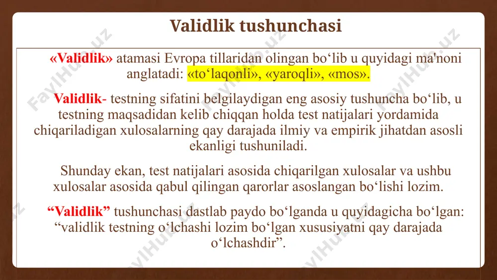 ari (domen haqida asosli xulosalar chiqarishga imkon beradigan muhim namunalari) kiritiladi. test spetsifikatsiyasi (tafsiloti) – testning maqsadi, qo’llanilishi, strukturasi, shuningdek, test topshiriqlariga, test o’tkazish jarayoniga va test natijalarini hisoblashga qo’yiladigan talablarni o’z ichiga olgan hujjat. testning mazmunini belgilayotganda bir qancha tamoyillar hisobga olinishi lozim: -test mazmuning test maqsadiga muvofiqligi; -tekshirilayotgan bilimning muhimligi – testga fanning muhim elementlari kiritiladi; -test mazmunida fanning hozirgi rivojlanish darajasi ask etganligi – testga eskirgan, o’z ahamiyatini yo’qotgan ma’lumotlar kiritilmaydi; -test topshiriqlari mazmunining tog’riligi – testga faqat to’g’ri ma’lumotlar kiritilishi lozim, noto’g’ri va bahstalab ma’lumotlarni testga kiritib bo’lmaydi; -test mazmunining kompleksligi va to’g’ri balanslashtirilganligi – test tekshirilayotgan domenga kiruvchi muhim elementlarning barchasini qamrab olishi kerak; -test shaklining test mazmuniga bog’liqligi. -test mazmunining variativligi – agar test har xil kunlarda o’tkaziladigan bo’lsa, test topshiriqlari test topshiruvchilarga oldindan ma’lum bo’lib qolmasligi uchun parallel test formalari ishlatilishi mumkin. -test mazmunining reprezentativ aks etganligi – tekshirilayotgan domenga kiradigan har bir …