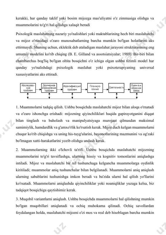 atlarini aks ettirmaydi. shuning uchun, eklektik deb ataladigan maslahat jarayoni strukturasining eng umumiy modelini ko'rib chiqing (b. e. gilland va assotsiatsiyalar; 1989). bir-biri bilan chambarchas bog'liq bo'lgan oltita bosqichni o'z ichiga olgan ushbu tizimli model har qanday yo'nalishdagi psixologik maslahat yoki psixoterapiyaning universal xususiyatlarini aks ettiradi. 1. muammolarni tadqiq qilish. ushbu bosqichda maslahatchi mijoz bilan aloqa o'rnatadi va o'zaro ishonchga erishadi: mijozning qiyinchiliklari haqida gapirayotganini diqqat bilan tinglash va baholash va manipulyatsiyaga murojaat qilmasdan maksimal samimiylik, hamdardlik va g'amxo'rlik ko'rsatish kerak. mijoz duch kelgan muammolarni chuqur ko'rib chiqishga va uning his-tuyg'ularini, bayonotlarining mazmunini va og'zaki bo'lmagan xatti-harakatlarini yozib olishga undash kerak. 2. muammolarning ikki o'lchovli ta'rifi. ushbu bosqichda maslahatchi mijozning muammolarini to'g'ri tavsiflashga, ularning hissiy va kognitiv tomonlarini aniqlashga intiladi. mijoz va maslahatchi bir xil tushunchaga kelguncha muammolarga oydinlik kiritiladi; muammolar aniq tushunchalar bilan belgilanadi. muammolarni aniq aniqlash ularning sabablarini tushunishga imkon beradi va ba'zida ularni hal qilish yo'llarini ko'rsatadi. …
