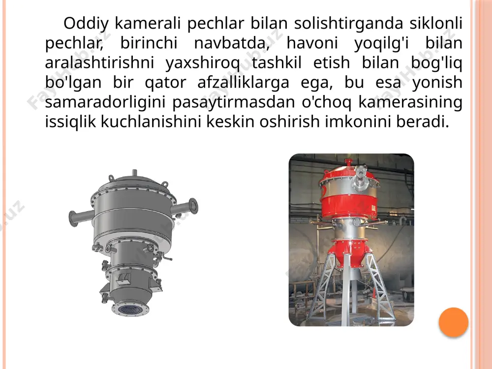 i: 1-kamera; 2,4 chimchilash halqalari; 3,5 yondirgich; 6 astar; 7-, havo qutisi; 8,10-oltingugurt berish uchun nozullar; 9.11 - havo nozullari. a-a orqali b-b orqali havo issiqlik qozonidagi gaz siklon samaradorligi tsiklonning samaradorligi quyidagilarga bog'liq: - changning dispers tarkibi. - alohida chang zarralarining massalari; - havo harakati tezligi kirish trubkasi; - siklonning dizayni va o'lchamlari bo'yicha; - yig'ilgan changning xossalari zarrachaga ta'sir etuvchi markazdan qochma pc kuchining qiymati formula bilan aniqlanadi rc= bu yerda m - zarrachaning massasi, kg; v - teng qabul qilingan siklondagi oqim tezligi siklonga kiraverishdagi tezlik, m/s; r - siklon o'qidan zarrachagacha bo'lgan masofa, m. image2.jpeg image3.jpeg image4.jpeg image5.png image6.png image7.png image8.wmf oleobject1.bin сборка печи r mv 2 /docprops/thumbnail.jpeg