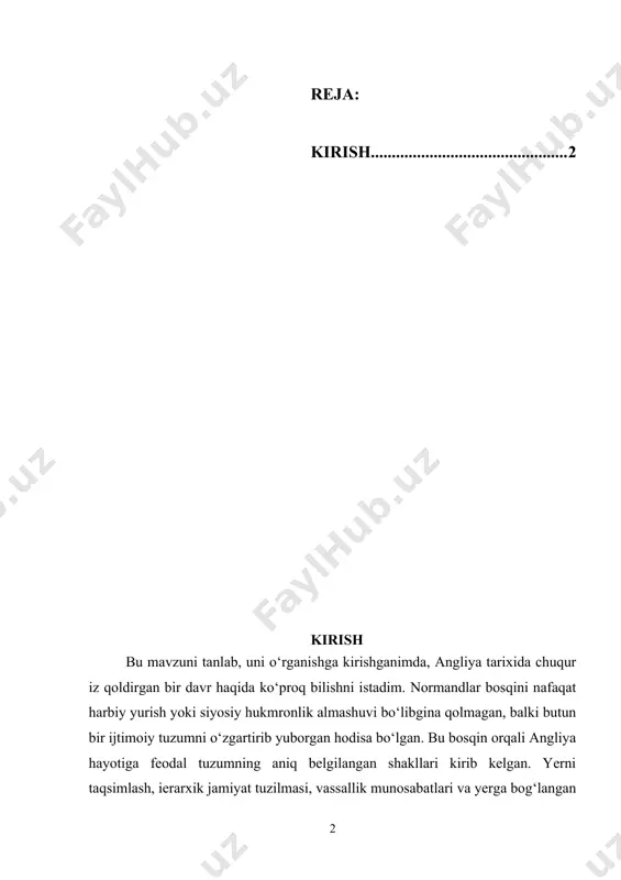 llik munosabatlari va tabaqalanish tizimi aniq belgilangan. mazkur mavzuning dolzarbligi shundaki, normandlar bosqini orqali angliyada yevropacha feodal munosabatlar kuchaygan va bu jarayon butun o‘rta asrlar davomida jamiyat taraqqiyotiga kuchli ta’sir ko‘rsatgan. bugungi kunda ushbu tarixiy jarayonni o‘rganish nafaqat ingliz jamiyati shakllanishini tushunish, balki umuman yevropadagi feodal tizim evolyutsiyasini chuqur anglash uchun ham muhim ahamiyatga ega. mavzuning o‘rganilganlik darajasi: ushbu mavzu bo‘yicha ilmiy manbalarni o‘rganar ekanman, normandlar bosqini va uning angliya tarixidagi o‘rni ko‘plab tarixchilar tomonidan chuqur yoritilganini ko‘rdim. asosan xorijiy manbalarda bu davrning siyosiy va ijtimoiy jihatlari keng tahlil qilingan. turli tarixiy tadqiqotlarda normandlar bosqinidan keyingi yer munosabatlari, feodal tizimning shakllanishi va uning angliya jamiyatiga ta’siri haqida muhim fikrlar bayon etilgan. ingliz tarixchilari bu bosqichni mamlakat feodal tuzumining asosiy poydevori sifatida ko‘rsatadi. men o‘rgangan manbalarda bu jarayonning ayrim tafsilotlari chuqur yoritilgan bo‘lsa-da, feodal munosabatlarning to‘liq rivojlanish yo‘li har doim ham bir xil talqin qilinmagan. shu sababli bu mavzuni mustaqil ravishda …