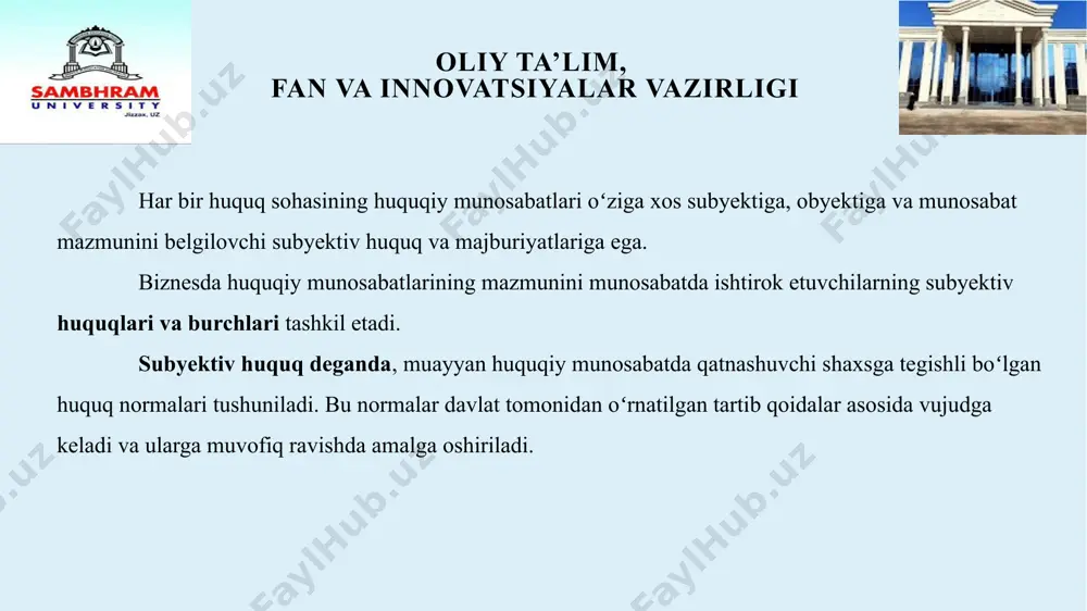 zararini sugʻurta haqidagi huquqiy qoidalarga binoan toʻlashga majbur boʻladi. harakatlar-xoʻjalik huquqiy munosabatlarida qatnashuvchi shaxslarning erk irodasi boʻyicha vujudga keladigan yuridik faktlarga aytiladi. bu tarzdagi faktlar oʻz navbatida ikki turga: 1). huquq yoʻl qoʻygan 2). huquq yoʻl qoʻymaydigan oliy ta’lim, fan va innovatsiyalar vazirligi huquq yoʻl qoʻygan harakatlarga misol: tuzilishi qonun bilan taqiqlanmagan bitimlar. bitimlar tashkilot va fuqarolarning xoʻjalik huquqlarini yoki burchlarini belgilash, oʻzgartirish va bekor qilishga qaratilgan harakatlar boʻlib, muayyan oqibatlarni tugʻdirishga qaratiladi. huquq yoʻl qoʻymaydigan harakatlar: qonun bilan taqiqlangan harakatlar boʻlib, bular ikki koʻrinishda boʻlib: birinchisi, boshqa subyektlarga zarar yetkazishda ikkinchisi, mulkni asossiz olish yoki asossiz tejash bilan bogʻliq boʻlgan harakatlarda namoyon boʻladi. oliy ta’lim, fan va innovatsiyalar vazirligi bozor munosabatlarini tobora rivojlanib borishi, yangi-yangi mulkdorlar guruhini tadbirkorlarni keltirib chiqaradigan bu guruhlar xoʻjalik munosabatlarining mustaqil subyekti boʻlib ishtirok etadi. ular oʻrtasidagi mulkiy munosabatlarning aksariyati xoʻjalik qonunchiligi bilan tartibga solinadi. tadbirkorlik huquqiy munosabatlar doirasi, bozor iqtisodiyotining rivojlanib borishi bilan birga …