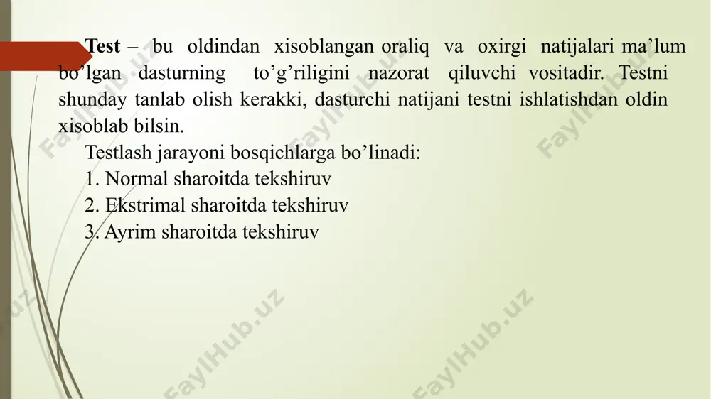 roq testlash talab qilinishi mumkin. 3.marketing muhiti. tizim bozorga chiqqanida, tizimni sotuvchilar raqobatchi mahsulotlarni, sotib oluvchilar to’lashga tayyor bo’lgan narxlarni, shuningdek, ushbu tizimni yetkazilib berilishi uchun talab qilinadigan grafikni inobatga olishlari lozim. raqobatbardosh muhitda, dasturiy ta’minotni ishlab chiqaradigan korxonalar, uni umumiy testlanishidan oldin dasturni foydalanishga topshirishga qaror qabul qiladilar, sababi ular bozorda birinchi o’rinda turishni xoxlaydilar. agar dasturiy ta’minot judayam arzon baholangan bo’lsa, foydalanuvchilar uning ishonarsizligiga sabr qilishga tayyor bo’ladilar. dasturiy maxsulotning evolutisiyasi dasturiy maxsulotning o’zgarishi muqarrar dasturiy maxsulotdan foydalanilayotganda yangi talablar yuzaga keladi biznes muhitning o’zgadi xatoliklarning tamirlanish majburiyati yangi kompyuter va jihozlarning sistemaga qo’shilishi sistemaning ish bajarishi yoki ishonchliligini oshirishga majbur bo’lish barcha tashkilotlar uchun asosiy muammo ularning mavjud dasturiy taminoti uchun o’zgarishlarni amalga oshirish va boshqarishdir evolutsiyaning ahamiyati tashkilolarning dasturiy taminot tizimlarida juda katta investitsiyasi bo’lishi bu katta mulkdir bu mulkni biznesda qiymatini saqlab qolish uchun ular o’zgartirilishi va yangilanib borishi lozim katta kompaniyalardagi dasturiy maxsulot mablag’ining …