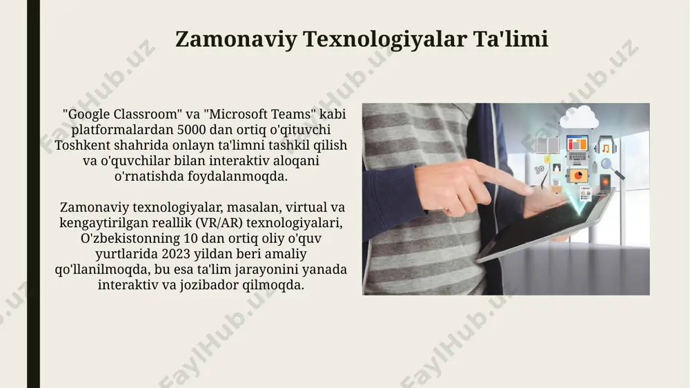 lim analitikasida big data yordamida samarqanddagi 10 ta maktabda o'quvchilarning individual ehtiyojlarini aniqlash va ularga moslashtirilgan ta'lim dasturlarini ishlab chiqishga muvaffaq bo'lindi. toshkent shahridagi oliy ta'lim muassasalarida big data va mashinani o'rganish algoritmlari orqali 30% ga yaqin talabalarning qiyinchiliklarini aniqlash va ularga o'z vaqtida yordam berish tizimi joriy etildi. bulut texnologiyalari ta'limda bulut texnologiyalari, masalan, google classroom yordamida 20 dan ortiq talaba bo'lgan sinflarda 50% ga yaqin vaqtni tejashga va samarqanddagi ta'lim muassasalarida samaradorlikni oshirishga yordam beradi. o'zbekistondagi 100 dan ziyod maktabda bulutli saqlash tizimlari qo'llanilmoqda, bu esa 2 terabaytlik ma'lumotlarni ishonchli saqlash va 300 dan ortiq o'quvchilarga onlayn kirish imkoniyatini beradi. sensorli ekranlar va interaktiv doskalar oʻzbekistonning ayrim zamonaviy maktablari 2023 yildan boshlab interaktiv doskalar va sensorli ekranlardan foydalanishni boshladi, bu esa oʻquvchilarning faol ishtirokini oshirish va zamonaviy ta'lim texnologiyalariga oʻtishga yordam beradi. sensorli ekranlar, masalan, 10 dyuymdan 80 dyuymgacha boʻlgan turli oʻlchamlarda ishlab chiqariladi va dunyoning rivojlangan mamlakatlari, …