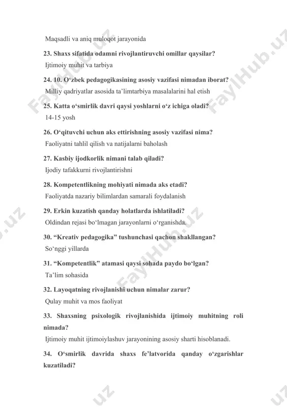 aqsadlariga erishish umidi. 39. didaktikaning asosiy ob’yekti nima? ta’lim berish faoliyati 40. "pedagogika" atamasining kelib chiqishi qaysi tildan olingan? lotin 1. tarbiya qanday hodisa hisoblanadi? ijtimoiy hodisa 2. nasldannaslga o‘tadigan hususiyatlarga nimalar kiradi? anatomikfiziologik tuzilish va iste’dod alomatlari 3. refleksiv pozitsiya nima? o‘tmish va kelajak faoliyatini qayta ko‘rib chiqish jarayoni 4. tarbiya qachondan boshlab amalga oshiriladi? inson tug‘ilganidan boshlab 5. abdulla avloniyning fikriga ko‘ra, axloq nima? xulqlar majmuidir 6. didaktikaning predmeti nima? o‘rgatish va o‘rganish jarayoni 7. layoqatning rivojlanishi uchun nimalar zarur? qulay muhit va mos faoliyat 8. gordon ollport shaxsni qanday tasvirlagan? o‘rganilayotgan shaxsning rivojlanuvchi murakkab tizimi sifatida. 9. intuitsiya qanday holatda paydo bo‘ladi? insonning noverbal xattiharakatlarini tushunishi va baholashi natijasida 10. j.piajening intelekt rivojlanishidagi birinchi bosqich qaysi? sensomotor bosqich (0-2 yosh) 11. pedagogik aks ettirish nima? o‘qituvchining faoliyatiga va o‘ziga nisbatan tanqidiy yondashuvi 12. tarbiya nima? insonni ijtimoiy tajribalar bilan tanishtirish va shaxsning rivojlanishi uchun olib boriladigan faoliyat …