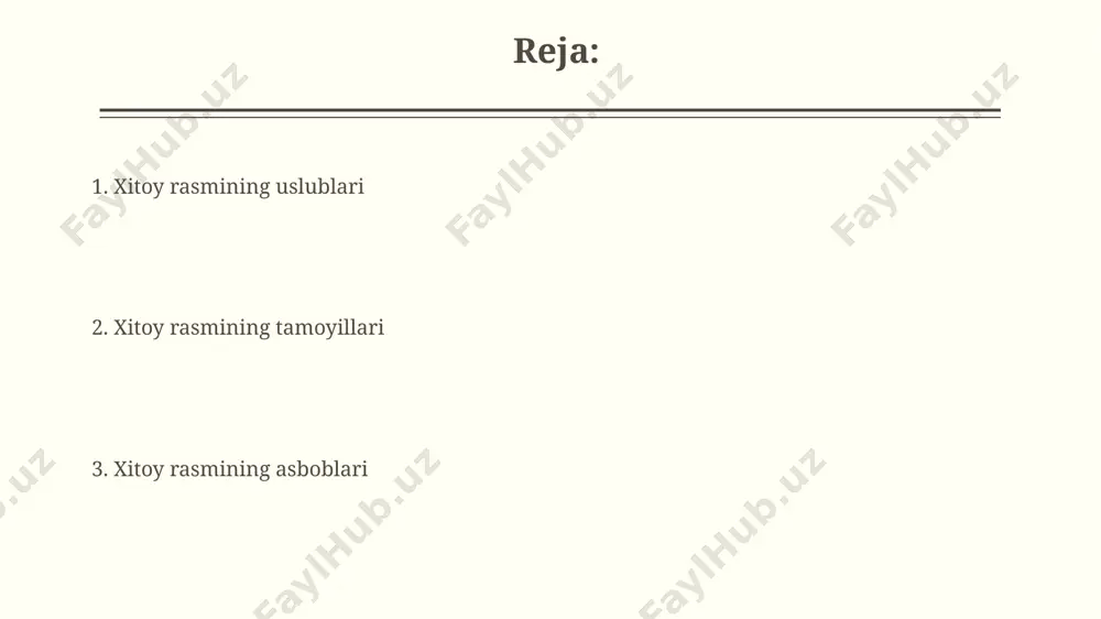 asrda paydo bo'lgan. ranglar palitrasi va ularning ramziyligi хитой рассомлигидаги асосий 5 та ранг – қизил (бахт), кўк (осмон), сариқ (ер), оқ (поклик) ва қора (тун) – 5 элементга мос келади ва 12 йиллик цикл билан боғлиқ. 14-асрдаги мин сулоласи давридаги пейзажлардаги юмшоқ, ҳавода эриган ранглар, сув ва туманни ифодалашда, масалан, жирканч яшил ва кулранг сояларни бетакрор ифодалашда қўлланилган. "bo'sh joy" (bo'shliq) tushunchasi “bo’shliq” tushunchasi xitoy landshaft rasmlarida, masalan, 14-asrda janubiy song davrida yaratilgan asarlarda, bo’sh joylarning ma’noli tarzda ishlatilishi orqali tabiatning kengligi va chuqurligini ifodalashda muhim rol o’ynaydi. pekin shahridagi milliy muzeyda saqlanayotgan 18-asrga oid bir qator rasmlarda, “bo’shliq”ning har bir qismi ma’lum bir ramziy ma’noga ega bo’lib, 5 ta element (suv, olov, yer, metall, yog’och) bilan bog’liq bo’lishi mumkin. perspektiva va chuqurlikni yaratish ranglarning to‘yinganligi ham chuqurlikni ifodalashda muhim rol o‘ynaydi. qorong‘i ranglar oldingi rejaga, yorqinroq ranglar esa uzoqroqdagi rejaga joylashtiriladi. bu usulni 16-asr pekin rasmlarida kuzatish mumkin. …