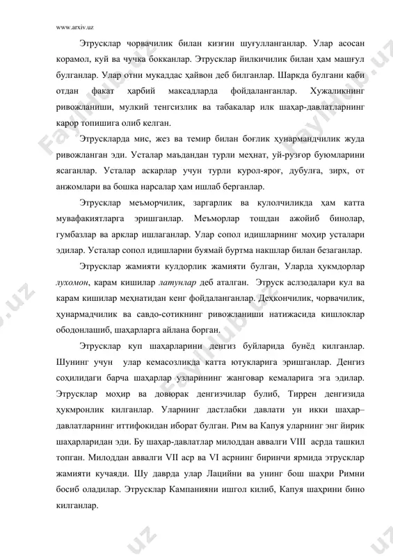 кабилалари, жанубдан эса юнонлар этрусклар ерларига бостириб кирганлар. милоддан аввалги v асрнинг охири ва iv асрнинг бошларида галл кабилалари апеннин ярим оролининг марказий вилоятларигача кириб келиб, куп шаҳарларни вайрон килганлар. милоддан аввалги 524 йилда кум шаҳри тирани аристодем кушинлари этрускларни тор-мор килади. бир канча вактдан кейин аристодем кушинлари лациядаги ариция ёнидаги жангда этрускларни яна мағлубиятга учратади. милоддан аввалги 474 йилда юнонлар кум шаҳри якиндаги денгиз жангида этрускларнинг флотини тор-мор этади. шимолидан галлар, жанубдан юнонларнинг кетма-кет берган зарбалари натижасида этрусклар куп мулкларидан ажраладилар. шу даврда апеннин ярим оролидаги бир канча шаҳарлар этрускларнинг шаҳар-давлатлари иттифокига карши кузғолон кутарганлар. шундай килиб, шимолдан галл, жанубдан юнонларнинг ҳужумлари ва италия шаҳарларидаги кузғолонлар натижасида этруск жамияти кучдан кетиб кулайди. улар сиёсиймустакилликдан маҳрум булгач, аста–секин италия аҳолиси билан кушилиб, уларга сингиб кетганлар. улар апеннин аҳолисининг маданий тараккиётида муҳим урин тутадилар. милоддан аввалги i минг йиллик урталарида этрусклар финикия алфавити асосидаги уз ёзувчиларини яратганлар. олимлар жуда куп этруск …