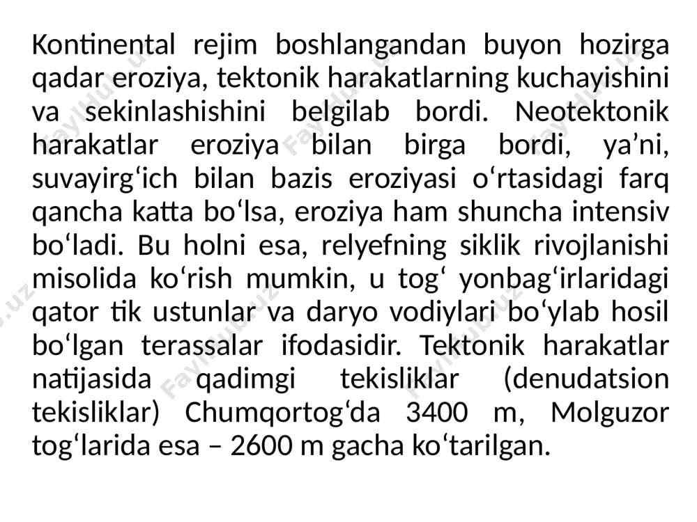 aytib o‘tilgan yarusdan pastda joylashib, tog‘larning tik antiklinal burmali qanotlariga to‘g‘ri keladi. bu yarus yuqori tomon ko‘tarilgan juda ko‘p sonli ikkinchi darajali tog‘ tarmoqlari bo‘lib, ko‘ndalang chuqur daralar va soylar bilan bo‘lingan. yarusning mutloq balandligi masalan, chumqortog‘ tizmasida 1800 m dan 2200-2600 m gacha, molguzar tizmasining sharqiy qismida 1200 m dan 1800 m gacha etadi. tog‘ning tik yonbag‘irda o‘rtacha balandlikdagi yarus juda keskin va kuchli yemirilganligi bilan farq qiladi. yemirilish jarayoni ayniqsa ko‘tarilayotgan harakatning faollashgan davriga va muzlik vaqtiga to‘g‘ri keladi. daryo va kichik daryolarning tub tog‘ jinslarini chuqur o‘yib (kesib) borishi hozirgi vaqtda ham tik yonbag‘irli yarusda ushbu jarayonning davom etayotganligidan guvohlik beradi. tik yonbag‘irli o‘rtacha balandlikdagi yarus asosan ko‘ndalang daryolar va ularning irmoqlari bilan parchalangan. shu bilan birga daryolarning yemirish (erozion) faoliyati, tog‘ jinslarining petrografik xususiyatlariga, joyning bazis eroziyasining balandligiga, hamda, har xil yonbag‘irlardagi atmosfera yog‘inlarining miqdoriga bog‘liq. daryo vodiylari va ularning irmoqlarining vodiylari bu yarusning asosiy xarakterli …