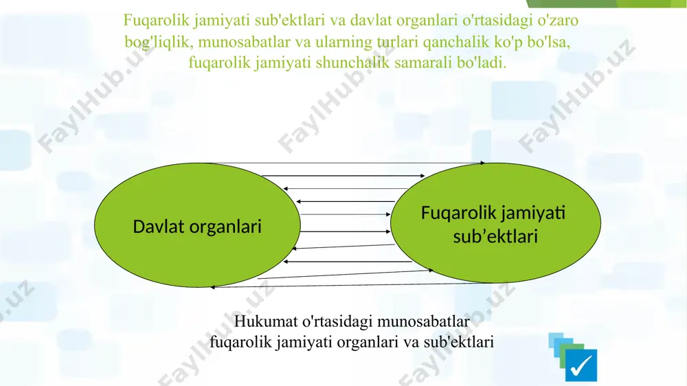 borish e-hukumat doirasida idoraviy loyihalarni amalga oshirish davlat organlarining akt bo‘yicha maxsus bo‘linmalari dasturning ijrosi bo‘yicha umumiy nazorat data sentr boshqa tizimli integratorlar o‘zr atkr vazirligi vazirlik va idoralar ах markazi eh ni rivojlantirish markazi o‘zbekiston respublikasi bosh vaziri respublika komissiyasi * elektron hukumat sohasi rivojini tartibga soluvchi me’yoriy huquqiy hujjatlar o‘zbekiston respublikasi qonunlari “davlat hokimiyati va boshqaruvi organlarining faoliyatining ochiqligi to‘g‘risida” / 2014 yil 5 may/ “jismoniy va yuridik shaxslar murojaatlari to‘g‘risida” /2014 yil 3 dekabr/ “elektron tijorat to‘g‘risida” qonunining yangi tahriri /2015 yil 23 may/ "elektron hukumat to‘g‘risida" /2015 yil 9 dekabr/ o'zbekiston respublikasi prezidenti qarorlari va farmonlari: -o’zbekiston respublikasi prezidentining “o’zbekiston respublikasi axborot texnologiyalari va kommunikatsiyalarini rivojlantirish vazirligini tashkil etish to’g’risida”gi 2015-yil 4-fevraldagi pf-4702-son farmoni; o‘zbekiston respublikasi prezidentining “o‘zbekiston respublikasi axborot texnologiyalari va kommunikatsiyalarini rivojlantirish vazirligining faoliyatini tashkil etish to‘g‘risida”gi 2015 yil 4-fevraldagi pf-2293-son farmoni; - o‘zbekiston respublikasi vazirlar mahkamasining “davlat elеktron xizmatlari ko‘rsatish sifatini baholash mеtodikasini …
