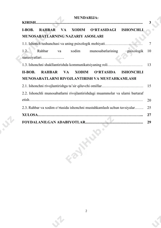 gida amalga oshirilayotgan keng ko‘lamli islohotlar jarayonida ham inson omiliga, xususan, rahbar-xodim o‘rtasidagi ishonchli muloqot va ochiqlik madaniyatini rivojlantirishga katta e’tibor qaratilmoqda. xususan: · “o‘zbekiston – 2030” strategik dasturida (tasdiqlangan 2023-yil 11-sentabrda, pf–160-sonli prezident farmoni) davlat boshqaruvida zamonaviy, psixologik jihatdan barqaror va o‘zgaruvchan muhitga moslashgan rahbarlar korpusini shakllantirish, rahbar va xodimlar o‘rtasida ishonchli, ochiq va samarali muloqotni yo‘lga qo‘yish asosiy ustuvor vazifalardan biri sifatida belgilangan. · 2024-yil 2-fevraldagi pf–28-sonli prezident farmonida davlat boshqaruvi organlari samaradorligini oshirish, ularning faoliyatida ochiqlik va shaffoflikni ta’minlash, ijtimoiy psixologik muhitni yaxshilashga qaratilgan muhim chora-tadbirlar keltirilgan. ushbu farmonda rahbarlarning ijtimoiy-psixologik yetakchilik ko‘nikmalarini rivojlantirish, boshqaruv etikasi va mas'uliyat hissini kuchaytirish zarurligi alohida ta’kidlangan. bundan tashqari, 2023-yil 29-dekabrdagi pq–451-sonli qarorda davlat fuqarolik xizmatchilarining salohiyatini oshirish, motivatsiya va rag‘batlantirish tizimlarini takomillashtirish bo‘yicha yangi mexanizmlar joriy qilindi. ushbu qarorda xodimlarni qadrlash, ularning shaxsiy rivojiga e'tibor berish va rahbarlarning ijobiy psixologik yetakchi sifatidagi roli yuksak baholandi. yuqoridagi huquqiy asoslar shuni ko‘rsatadiki, …