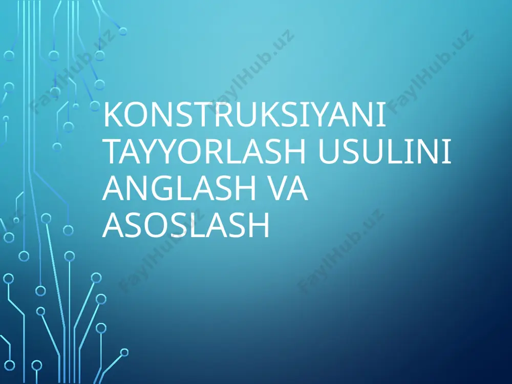 ov berish qulayligi qirqish, kesish, shakl berish va montaj qilish osonligi izolyatsiya xususiyatlari issiqlik, ovoz va elektr izolyatsiyasi talablari estetik xususiyatlar ko‘rinishi, rangi va teksturasi dizayn talablariga mosligi material misollari metall, beton, yog‘och va kompozit materiallar keng qo‘llaniladi. bog‘lovchi moddalar beton va suvoq aralashmalarining asosiy tarkibi: sement (portsland sement, gidratatsiyalanuvchi sement) gips lime (oxak, ohak) agregatlar betonning asosiy to‘ldiruvchi qismlari: qum (mayda agregat) shag‘al yoki tosh bo‘laklari (katta agregat) yengil agregatlar: shlak, perlit, kengaytirilgan gil armatura va po‘lat elementlar betonning egilish va cho‘zilish kuchlarini oshiradi: po‘lat simlar tarmoqli panjaralar prestressed (oldindan taranglangan) armatura yog‘och va taxta materiallari engil, ishlov berish oson: yog‘och ustunlar, panel ramkalari dosh, fanera konstruksion yog‘och elementlar loyihalash bosqichi loyihalashda konstruktsiya chizmalari, hisob-kitoblari va modelini yaratish amalga oshiriladi. loyihalash bosqichlari bosqich tavsifi texnik vazifa tayyorlash qurilish ob’ektining maqsadi, joylashuvi, o‘lchamlari, funksiyalari va talablarini aniqlash old loyiha (konsept) ishlash binoning umumiy shakli, konstruktiv yechimlari, materiallar va texnologiyalar tanlanadi …