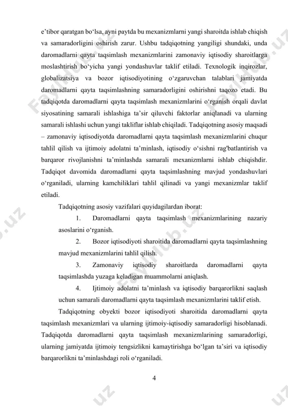izimini optimallashtirishda foydali bo‘ladi. 1. daromadlarning shakllanishi va faoliyat ko'rsatishining nazariy asoslari 1.1. daromad tushunchasi va uning iqtisodiy nazariyadagi mohiyati daromad — bu shaxsning yoki jamiyatning, davlatning iqtisodiy faoliyatining natijasi bo'lib, uning maqsadi — rivojlanishga, farovonlikka, iqtisodiy barqarorlikka erishishdir. u iqtisodiyotning muhim koordinatsion vositalaridan biridir. daromadlarning to'g'ri ta'riflanishi va ularning jamiyat hayotidagi o'rni va ahamiyati haqida chuqur tushuncha egasi bo'lish, iqtisodiy yondashuvlarni takomillashtirish uchun zarurdir. iqtisodiy nazariyada daromadni shakllantirish va uning boshqarilishi, davlat va jamiyat o'rtasidagi iqtisodiy munosabatlarning asosiy markazlaridan biridir. daromadning asosiy mohiyati, uning ijtimoiy va iqtisodiy ahamiyati yoki maqsadi insonlar va jamiyatning turmush darajasini oshirishga qaratilgan. u faqat xususiy shaxslar uchun emas, balki davlatlar, jamiyatlar uchun ham katta ahamiyatga ega. bu bilan birga, daromadni to'g'ri va samarali shakllantirish davlatning fiskal siyosatiga, ijtimoiy siyosatga, iqtisodiy boshqaruvga ijobiy ta'sir ko'rsatadi.[footnoteref:1] [1: mamasayidov, x.t. iqtisodiy siyosatning asoslari / x.t. mamasayidov. — toshkent: o‘zbekiston, 2020. — 175 b.] qayta ishlab chiqarish jarayonining …