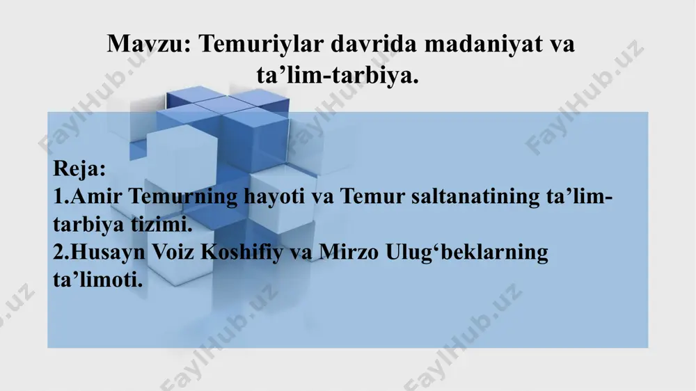 va shahrisabz shaharlari oqar suv bilan ta’minlandi va ariqlar qazdiradi. 1.har erda va har vaqtda islom dinini qo’llab-quvvatlagan. 3.salatanat ishlarini murosayu madora orqali yurgizgan. 4.davlat ishlarini qonun-qoida va tuzuklarga asoslanib boshqargan. 5.amirlar va sipohiylarga hurmat ko’rgazgan. 6.adolat va insofga tayangan. amir temur umr bo’yi quyidagi o’n ikki tamoyilga amal qilgan 7.fuqarolarga izzat-hurmat ko’rgazgan. 10.turku tojik, arabu ajamning turli toifalariga hurmat ko’rsatgan. 11.do’stlarni unutmagan va ularga yordam bergan. 12.har joyda sipohiylarni hurmat qilgan. 9.raiyat ahvolidan doimiy ogoh bo’lgan. 8.azmu jazm bilan ish tutgan. 2.davlat ishlarini kengash asosida boshqargan ishlab chiqarish ishlab chiqarish oltin va kumush qimmatbaho toshlar qadalagan idishlar sirtiga naqsh va yozuvlar ishlangan binokorlik, g‘isht teruvchili rivojlangan ishlab chiqarish xiv-xv asrlarda sirli spoollarga naqsh xattotlik keng qo‘llanilgan ishlab chiqarish kulolchilik rivojlangan xv-asrda metall buyumlar- uy-ro‘zg‘or buyumlari, asbob-uskunalar, qurol-yarog‘lar ko‘plab ishlab chiqarilgan. temuriylar davlati siyosiy a’loqlar yaxshi rivolnagan. xitoy, hindiston, eron, rusiya, volga bo‘yi, sibir bilan muntazam savdo-sotiq aloqalari olib borgan. …
