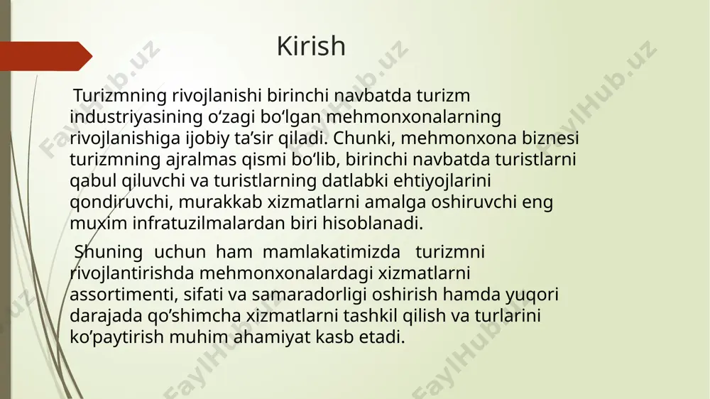 lablari asosida shakllantirish davlat siyosati darajasiga ko‘tarildi. shu bilan birga, davlat standartlariga asosan mehmonxonalarda zamonaviy xizmat ko‘rsatish darajalari belgilangan bo‘lib, xizmat ko‘rsatish darajalari taqdim etayotgan mehmonxonalar xizmat ko‘rsatish sifatini belgilash uchun ishlatiladi. shuni alohida takidlash joizki dunyoda eng ommalashgan yulduzlar klassifikatsiya tizimi mehmonxonadagi qo’shimcha xizmatlar darajasi va sifatiga asoslangan tarzda taqdim etiladi. viloyatimizdagi mehmonxonalarning toifalari bo'yicha soni : ряд 1 47 27 5 14 2 0 yulduzsiz mehmonxonalar 1 yulduzli mehmonxonalar 2 yulduzli mehmonxonalar 3 yulduzli mehmonxonalar 4 yulduzli mehmonxonalar 5 yulduzli mehmonxonalar 47 27 5 14 2 0 столбец1 yulduzsiz mehmonxonalar 1 yulduzli mehmonxonalar 2 yulduzli mehmonxonalar 3 yulduzli mehmonxonalar 4 yulduzli mehmonxonalar 5 yulduzli mehmonxonalar столбец2 yulduzsiz mehmonxonalar 1 yulduzli mehmonxonalar 2 yulduzli mehmonxonalar 3 yulduzli mehmonxonalar 4 yulduzli mehmonxonalar 5 yulduzli mehmonxonalar birlikda “lyabi house” mehmonxonasi o’z mijozlariga yuqori darajadagi qulayliklarga ega bo‘lgan quyidagi xizmatlarni ko‘rsatadi: -xalqaro qo‘ng’iroqlar xizmati; -kiyimlarni tozalash va dazmollash xizmati; -restoran xizmati; -kechki …