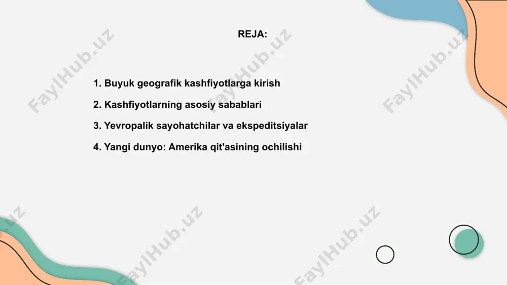 merikani topgan edi, bu kashfiyot dunyo tarixini o‘zgartirdi. bu voqea yevropa davlatlarining yangi yerlarni egallash bosqichini boshlab berdi, amerika sivilizatsiyalariga keng ta’sir ko‘rsatgan tarixiy davr boshlandi. dengiz yo'llari va savdo marshrutlari buyuk geografik kashfiyotlar xvi asrda boshlangan bo‘lib, yangi dengiz yo‘llari orqali dunyo bo‘ylab savdo rivojlanishiga turtki berdi. ular tarixda muhim o‘rin tutadi. vasco da gama, xristofor kolumb kabi sayohatchilar yangi qit'alarni kashf etish orqali evropaning savdo aloqalarini kengaytirishga katta hissa qo‘shishdi. yangi marshrutlar ochilgach, osiyo, afrika va amerika bilan savdo kuchaydi, bu esa iqtisodiy taraqqiyotga va madaniy almashuvga sabab bo‘ldi. 01 03 02 geografik kashfiyotlarning ijobiy ta'siri buyuk geografik kashfiyotlar natijasida yangi yerlar va xalqlar ochildi, bu esa savdo yo‘llarining kengayishiga olib keldi. savdo yuksaldi, iqtisod o‘sdi. geografik kashfiyotlar tufayli turli xalqlar o‘rtasida madaniy aloqalar kuchaydi. bu jarayon madaniy almashinuvi va bilimlarning kengayishiga sababchi bo‘ldi. yangi hududlar o‘rganilishi global xaritalarning aniqligini oshirdi. bu esa kelajakdagi ilmiy tadqiqotlar va sayohatlar …
