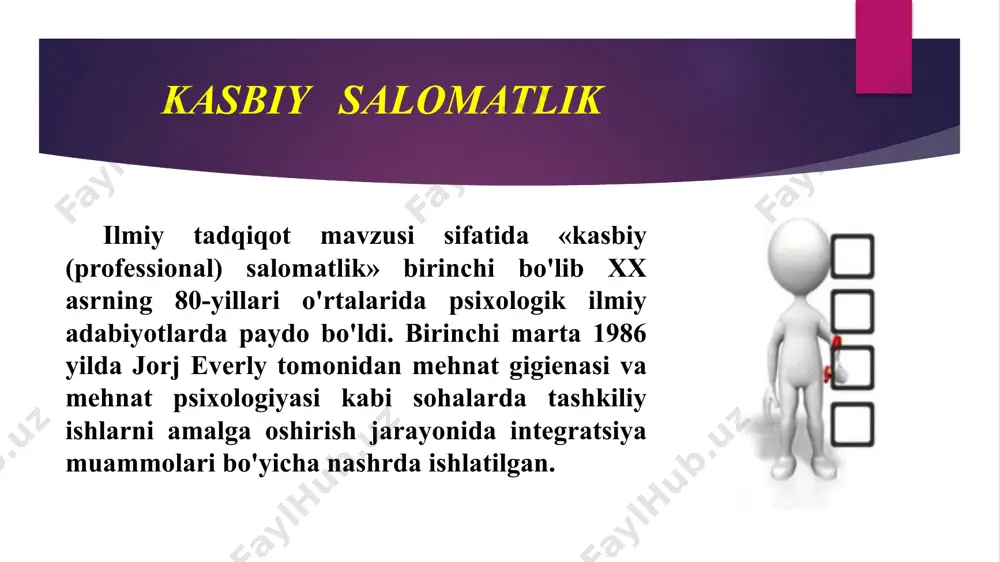 . 5. o'zingizni yaxshi ko'ring va doimo ruhlantiring. o'zingizni sevish bu – o'‌z tananingni soglom saqlash. sog'liningizga e’tiborli bo'lish, ruhiy soglomlik, o'z qalbingizni va tanangizni toza - pokiza tutishdir. o'zingizni doimo ruhlantiradigan nimanidir izlab toping u kitob uqishmi, raqs yoki qushik kuylashmi, sayr sayoxat qilishmi, biror sport turi bilan shug'ullanishmi? sizga nima motivatsiya bersa vaqti bilan tez-tez vaqt topib shu mashg'ulot bilan shugullaning. bu esa o'z faoliyatingiz jarayonidagi jismoniy aqliy va ruxiy charchoqlaringiz va stresslarni yengishga katta yordam beradi. tavsiyalar 6. eski kerak emas narsalardan qutiling. uyingizdagi barcha kerak emas, eski narsalardan qkutiling, yon atrofingizni va qalbingizni eski xotiralar va eski narsalardan xalos qiling. bunday narsalar hayotingizni yangilanishiga yo'l qo'ymaydi. 7. o'‌z hayotingizni o'‌zingiz qiyinlashtirmang. shunday odamlar borki, ular xar narsaga panika kutarishadi, ular xayot yo'‌llarida, oson yo'‌lni o'‌rniga qiyin yo'‌lni tanlashadi. biz o'‌z hayotimizni o'‌zimiz qiyinlashtiramiz «sog'lom organizm» muvozanatni saqlab turadi. tavsiyalar 8. yangiliklarni o'rganishga harakat qiling, izlaning, o'qing. …