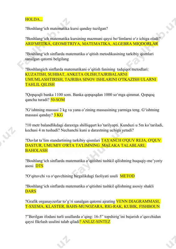 qiqot metodlari: kuzatish, suhbat, anketa olish,tajribalarni umumlashtirish, tajriba sinov ishlarini o'tkazish ularni tahlil qilish ?qopqoqli banka 1100 som. banka qopqoqdan 1000 soʻmga qimmat. qopqoq qancha turadi? 50-som ?gʻishtning massasi 2 kg va yana o’zining massasining yarmiga teng. gʻishtning massasi qanday? 3 kg ?10 metr balandlikdagi daraxtga shilliqqurt ko’tarilyapti. kunduzi u 5m ko’tariladi, kechasi 4 m tushadi? nechanchi kuni u daraxtning uchiga yetadi? ?davlat ta’lim standartining tarkibiy qismlari tayanch o'quv reja, o'quv dastur, umumiy o'rta ta'limning malaka talablari, baholash ?boshlang‘ich sinflarda matematika o‘qitishni tashkil qilishning huquqiy-me’yoriy asosi dts ?oʻqituvchi va oʻquvchining birgalikdagi faoliyati usuli metod ?boshlang‘ich sinflarda matematika o‘qitishni tashkil qilishning asosiy shakli dars ?grafik organayzerlar to’g’ri sanalgan qatorni ajrating venn diagrammasi, t-sxema, klaster, bahs-munozara, rig-rak, kubik, fishboun ?”berilgan ifodani turli usullarda o’qing: 16-5” topshirig’ini bajarish o’quvchidan qaysi fikrlash usulini talab qiladi? anliz-sintez ?”325 soni haqida hamma ma’lumotlarni ayting” topshirig’ini bajarish o’quvchidan qaysi fikrlash usulini talab qiladi? analiz-sintez ?”berilgan sonlarni qanday …