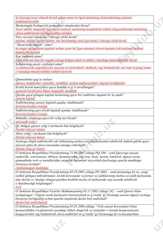 texnologik va texnik infratuzilma sohasida faoliyat ko`rsatadi shirkat firmalarda: “kemaga tushganning joni bir” qoidasi amal qiladi mas`uliyati cheklangan sharkatning mas`uliyati cheklanmagan shirkatdan qanday farqi bor? jamiyat qatnashchilari o`zlari qo`shgan ulushlari doirasida javobgar bo`ladilar aktsiyadorlik jamiyati – bu: jismoniy shaxslar kapitallarining birlashuvi bo`libu aktsiyalar chiqarish yo`li bilan tashkil etiladi ochiq turdagi aktsiyadorlik jamiyati – bu: aktsiyadorlari o`zlariga tegishli aktsiyalari boshqa aktsiyadorlarning roziligisiz erkin tasarruf qila oladigan jamiyatdir xolding kompaniyasi – bu: mulk egalari tomonidan bir nechta mustaqil aktsiyadorlik jamiyatlari faoliyatini nazorat qilishi maqsadida tashkil etilgan xissadorlik jamiyatidir quyda qayd qilingan qaysi bir yo`l xolding kompaniyasini tashkil etish uchun asos qilib olinadi: yuridik jihatdan mustaqil korxonalarning aktsiya paketlarini birlashtirish yo`li xolding kompaniyasining qayday turlarini bilasiz? monopoliyaga qarshi organning ruxsati bilan tashkil etilgan xolding xolding kompaniyalarining asosiy vazifasi: sof boshqaruvchilikdan iborat xoldinglar qaysi organning ruxsati bilan tashkil etiladi? monopoliyaga qarshi organning ruxsati bilan xorijiy korxona deganda o`zbekiston respublikasi hududida joylashgan, aktsiyalari yoki nizom …