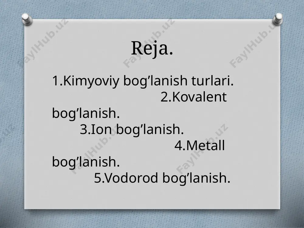 tallar orasida yuzaga keladigan kimyoviy bog’lanishga aytiladi. metallar faqat bog’ holatida qutbsiz kovalent bog’lanish hisoblanadi. barcha metallarning tashqi pog’onasidagi elektronlar kam, yadroga kuchsiz bog’langan. shuning uchun bir atomdan ikkinchi atomga o’tib bir-birini bog’laydi. bu elektronlarga erkin (daydi) elektronlar deyiladi. manashu elektronlar bo’lishi hisobiga metallar yaltiroq, bolg’alanuvchan, elektr tokini va issiqlikni yaxshi o’tkazadi. metall bog’lanish va ion bog’lanishda to’yinuvchanlik va yo’naluvchanlik xossasiga ega bo’maydi. vodorod bog’lanish deb-vodorod va kuchli elektromanfiy element orasida yuzaga keladigan bog’lanishga aytiladi. vodorod bog’ eng zaif hisoblanadi. vodorod bog’hosil bo’lishi uchun 1.molekulada vodorod bo’lishi kerag. 2.kuchli elektromanfiy element (f2, o2, n2, cl2, br2, i2 ) bo’lishi. 3.vodorod yuqoridagi moddalar bilan bog’langan bo’lishi lozim. 4.molekulalar aro vodorod bog’ hosil bo’lishi uchun modda suyuq yoki qattiq adregat holatda bo’lishi kerag. kovalent bog’ga nisbatan juda bo’sh bo’lsa ham moddaning xossalariga kuchli ta’sir ko’rsatadi.vodorod bog’ zayif bog’ hisoblanadi. h-f h-cl h n h h h o h etiboringiz uchun rahmat image3.jpeg …