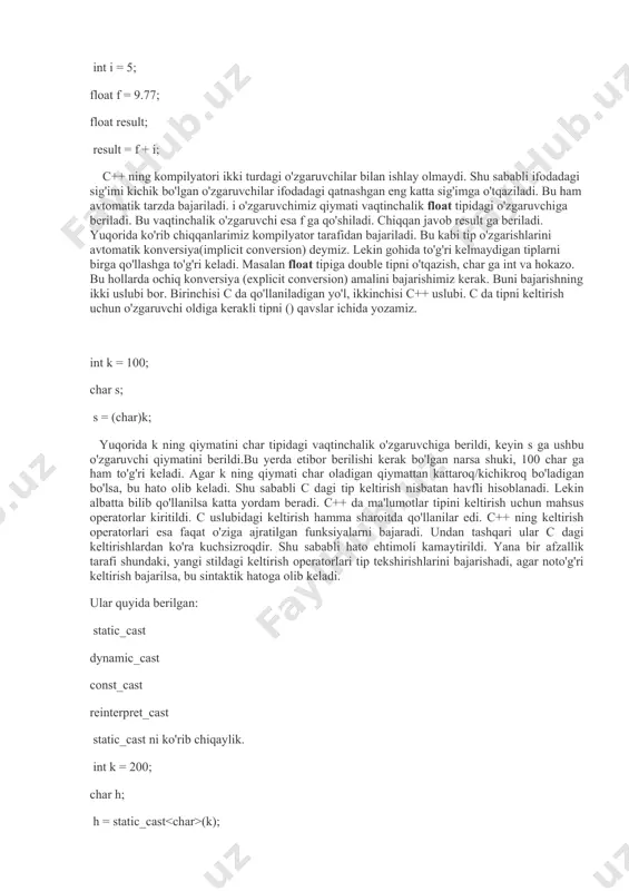 da juda qo'l keladi. bool tipi boshqa bir integral tipga asoslangan bo'lishiga qaramasdan (int yoki char), yuqoridagi ikki qiymatdan tashqari boshqa qiymat ololmaydi. bool tipi o'zgaruvchilari to'g'ri shaklda initsalizatsiya qilinmagan taqdirda, ularning qiymati hato ravishda na true va na false bo'lishi mumkin.yana boshqa bir integral tip bu wchar_t dir (wide char type - keng simvol tipi). u ham ko'pincha boshqa bir butun son tipiga asoslanadi - bir baytdan kattaroq bo'lishi kerakligi uchun short int qo'llaniladi.wchar_t simvollar kodlanishida qo'llaniladi. masalan c++ da unicode ni odatda wchar_t bilan kodlaymiz. hozirda wchar_t ning kattaligi 16 bit, lekin yuqori kattaligi necha bit bo'lishi kerakligi standartda belgilanmagan. butun sonlarni c++ da bir necha asosda berish mumkin. hech qanday belgi qo'yilmasdan yozilgan son o'nlik asosda (decimal) deb qabul qilinadi. sakkizli asosdagi (octal) sonni berish uchun sondan oldin 0o yoki 0o belgilarini qo'yish kerak.o'n oltilik sistemadagi (hexadecimal) sonlar oldiga 0x yoki 0x lar yoziladi. sakkizli sistemada qo'llaniladin …