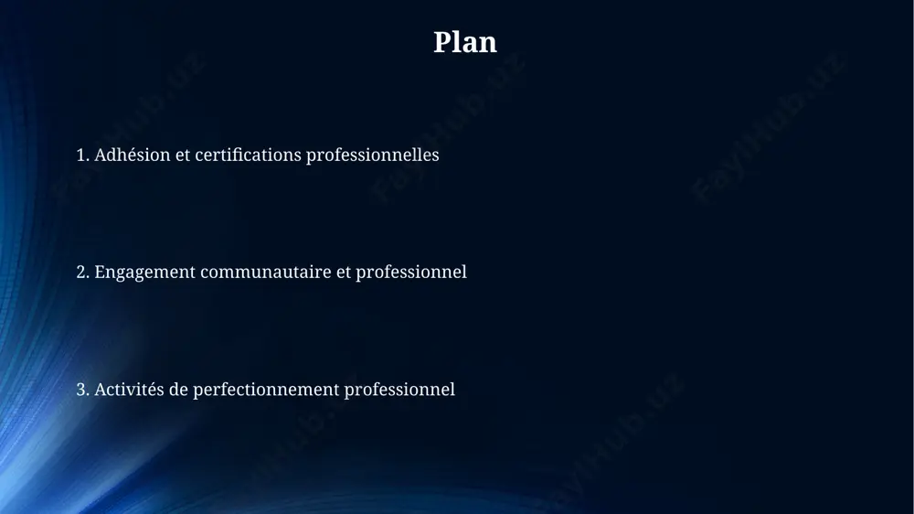 ravaux préliminaires et recevoir des commentaires constructifs afin d'améliorer la recherche. bénévolat professionnel et engagement communautaire participer à des activités de bénévolat professionnel pendant 5 ans ou plus est lié à une augmentation de 25% du leadership et de 18% de l'influence au sein de l'organisation. l'engagement communautaire via des projets pro-bono augmente de 30% la satisfaction des employés et réduit de 10% le taux de roulement du personnel. leadership et mentorat les compétences en leadership s'acquièrent sur 5 ans environ. investir 3 à 5 heures par semaine dans le mentorat améliore significativement les performances de l'équipe de 15%. un programme de mentorat bien structuré, avec des objectifs smart, augmente la rétention des employés de 25%. 8 personnes minimum doivent être mentorées par an. participation à des conférences et ateliers la participation à des conférences et ateliers offre au minimum 10 à 20 heures de développement professionnel continu (dpc) par …