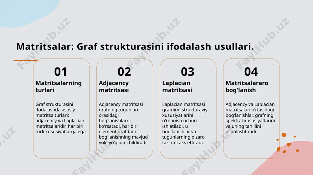 atritsasi adjacency matritsasi graf strukturasini ifodalashda muhim rol o'ynaydi, tarmoq tahlilida va aloqalarni aniqlashda keng qo'llaniladi. 02 laplacian matritsa laplacian matritsa grafning tarmoq aloqalarini o'rganishda va uning to'liq bog'lanish holatini baholashda ishlatiladi, jarayonlarni modellashtirishda foydalidir. 03 amaliyot misollari adjacency va laplacian matritsalari transport tarmoqlari, kommunikatsiya tizimlari va ijtimoiy tarmoqlarda keng qo'llanilib, ularning samaradorligini oshirishda yordam beradi. graf nazari: matritsalar va ularning asosiy turlari. 1 graf nazari tushunchasi graf nazari, matematikada graf va ularning xususiyatlarini o'rganadigan bo'limdir. bu, tarmoqlar va ularning bog'lanishlarini aniqlashga yordam beradi. 2 adjacency matritsasi adjacency matritsasi grafdagi tepaliklar o'rtasidagi bog'lanishlarni ifodalaydi. bu matritsa, grafning strukturasini tahlil qilishda muhim ahamiyatga ega. 3 laplacian matritsasi laplacian matritsasi, grafning tepaliklari va ularning bog'lanishlari o'rtasidagi munosabatlarni aks ettiradi. bu, grafning tahlili va tarmoqlarni o'rganishda qo'llaniladi. 4 matritsalarning o'zaro ta'siri adjacency va laplacian matritsalari o'rtasidagi o'zaro ta'sir, grafning xususiyatlarini chuqurroq tushunishga yordam beradi. ular bir-birini to'ldiradi va tahlilni kengaytiradi. adjacency matritsalari: strukturaviy …